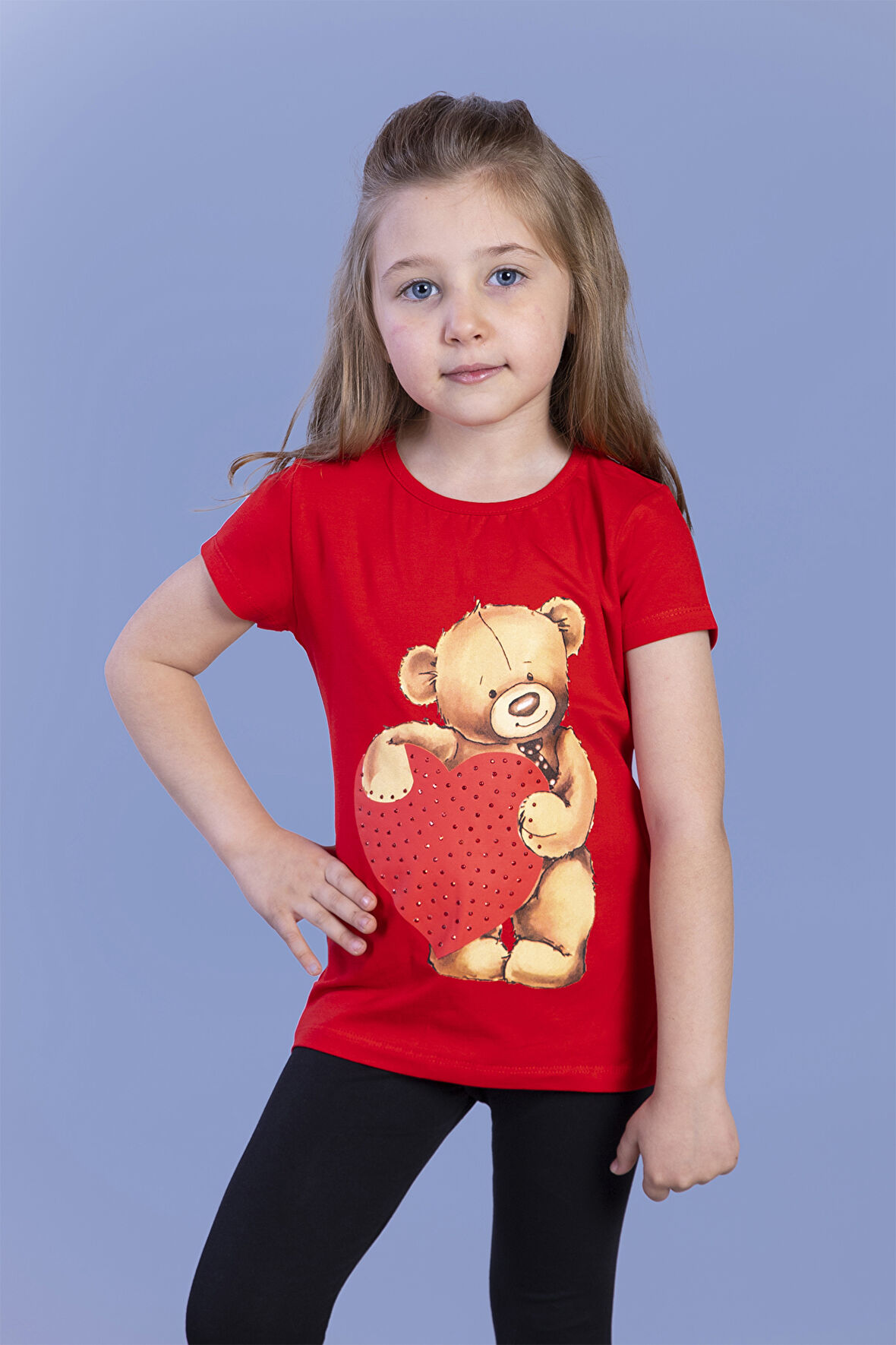 Toontoy Kız Çocuk Kalpli Ayıcık Baskılı Taş İşlemeli Tişört