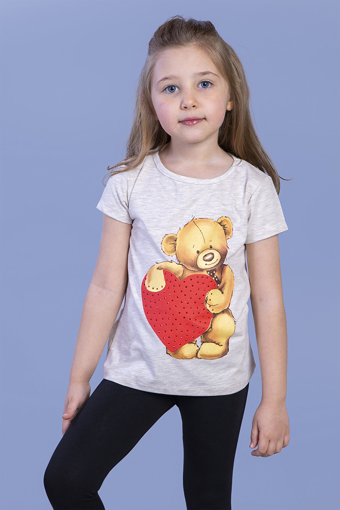 Toontoy Kız Çocuk Kalpli Ayıcık Baskılı Taş İşlemeli Tişört