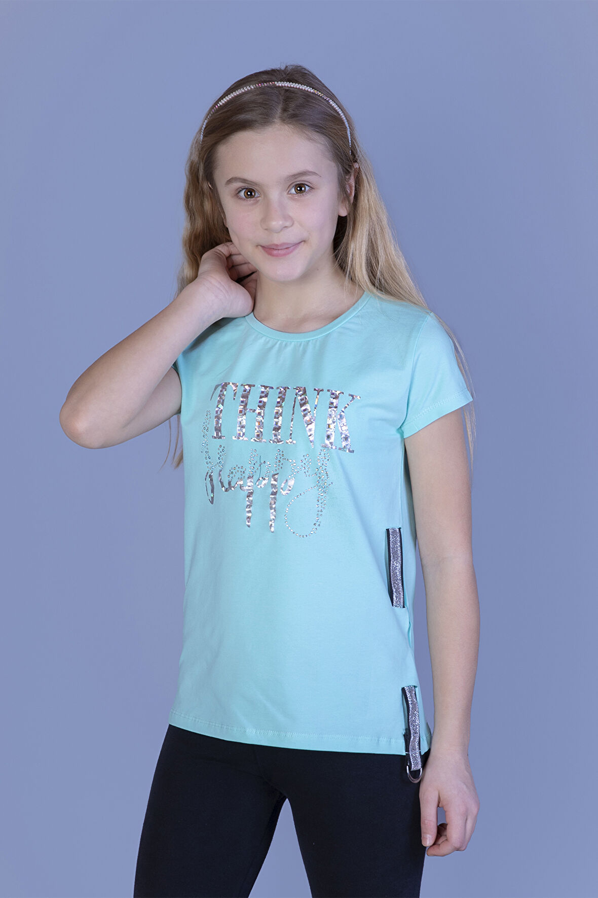 Toontoy Kız Çocuk Baskılı Taş İşlemeli Yanı Şerit Detaylı Tişört