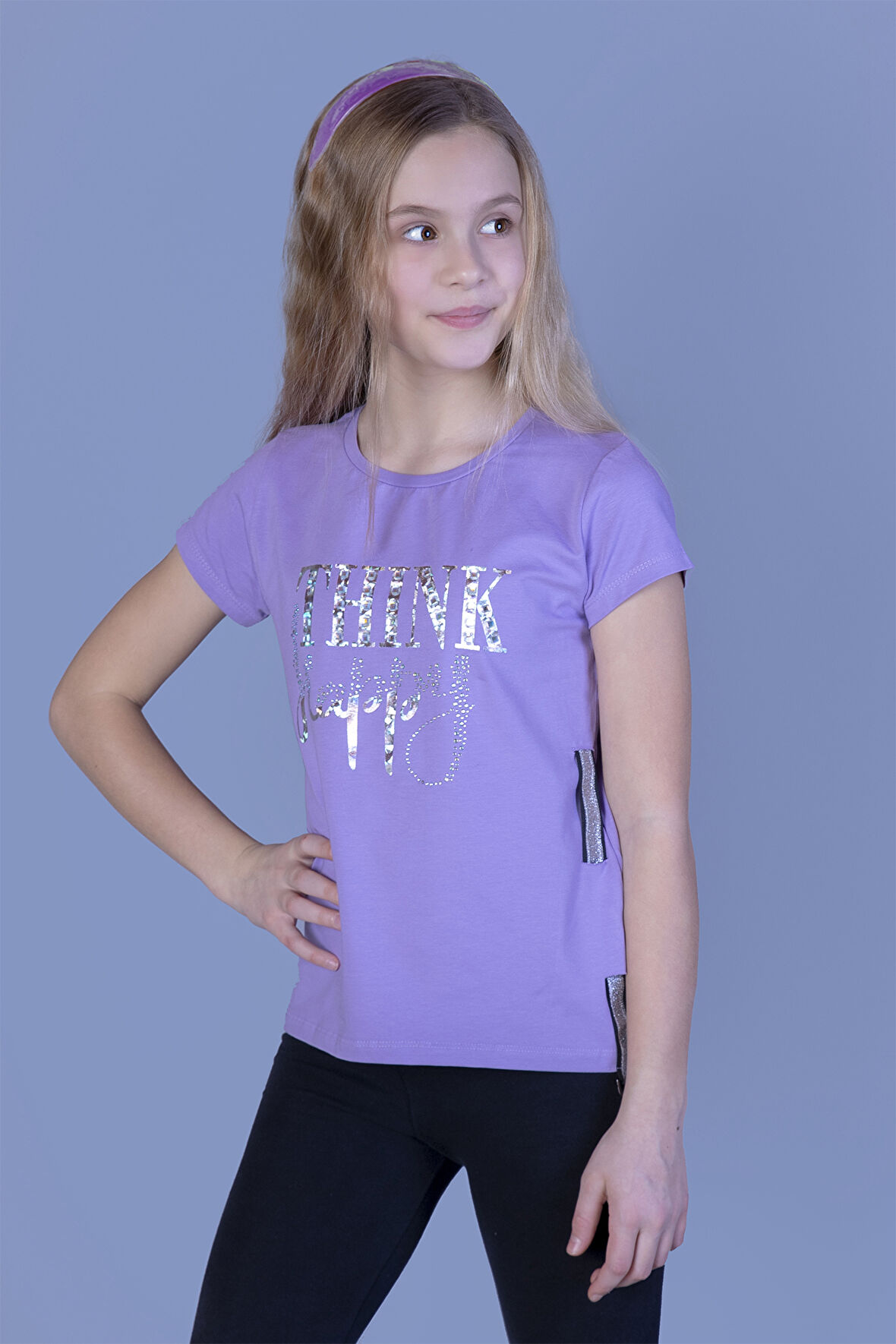 Toontoy Kız Çocuk Baskılı Taş İşlemeli Yanı Şerit Detaylı Tişört