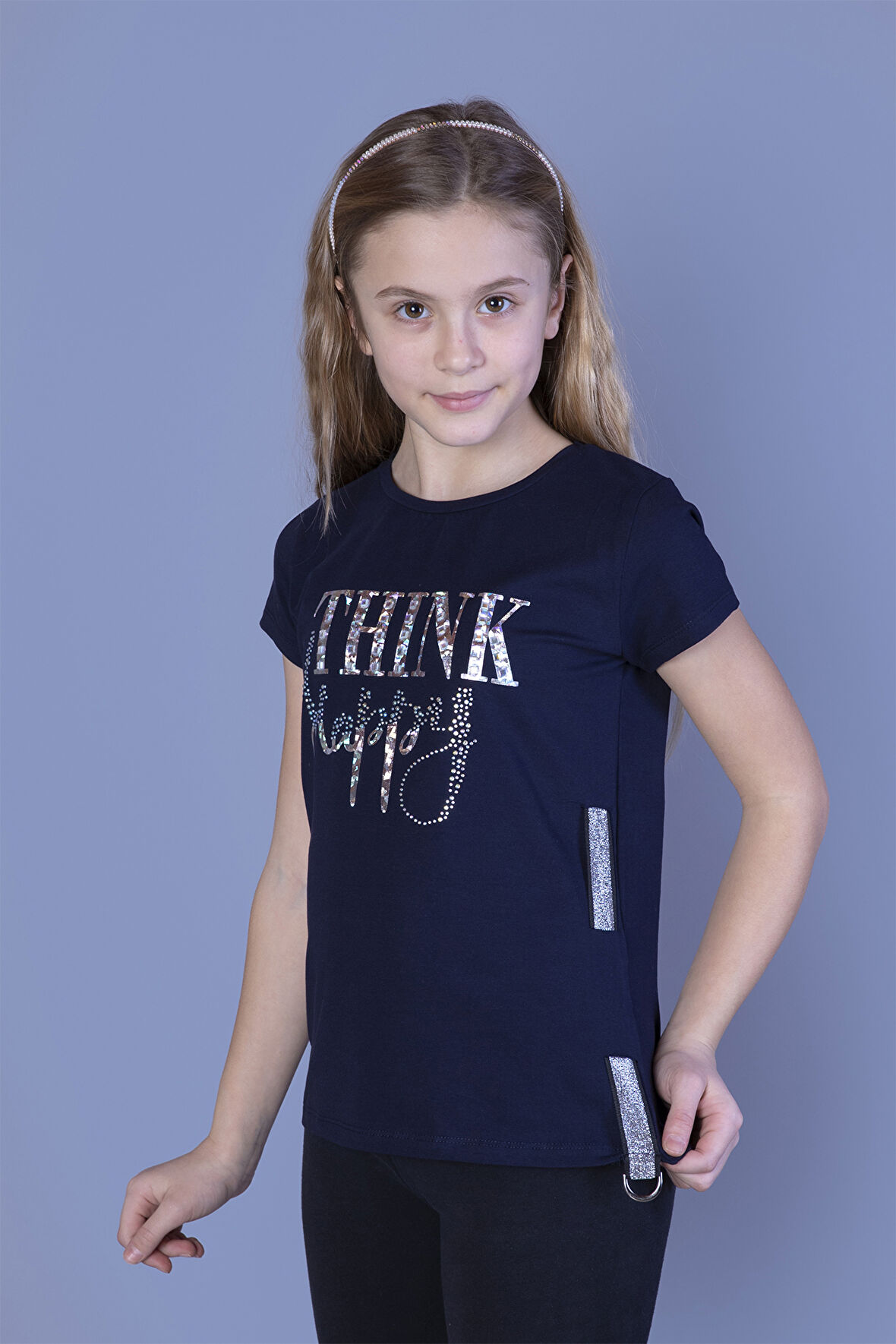 Toontoy Kız Çocuk Baskılı Taş İşlemeli Yanı Şerit Detaylı Tişört