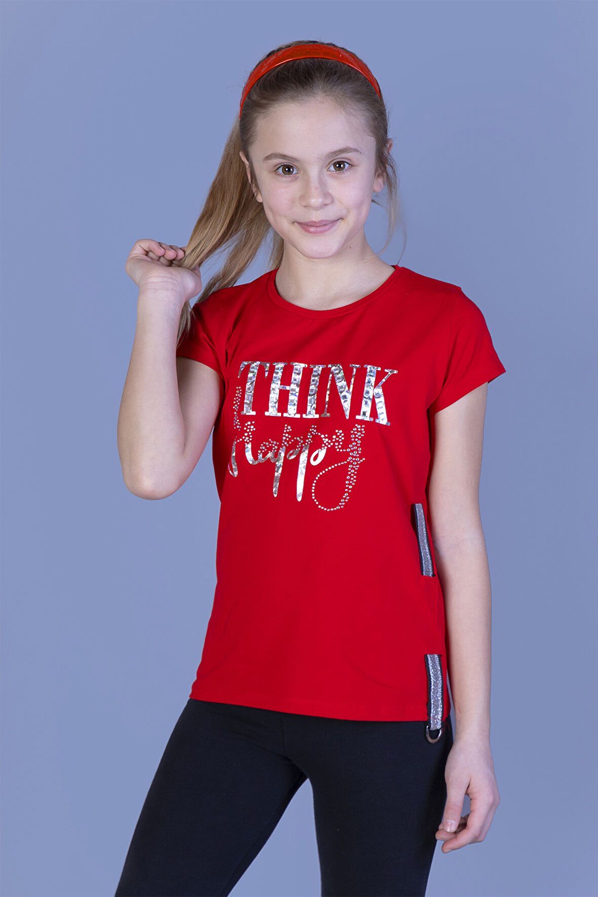 Toontoy Kız Çocuk Baskılı Taş İşlemeli Yanı Şerit Detaylı Tişört