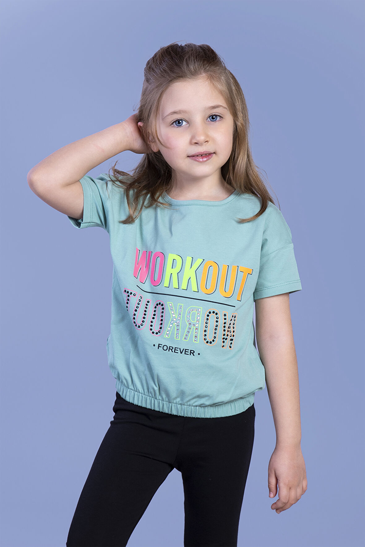 Toontoy Kız Çocuk Workout Baskılı Taş İşlemeli Tişört