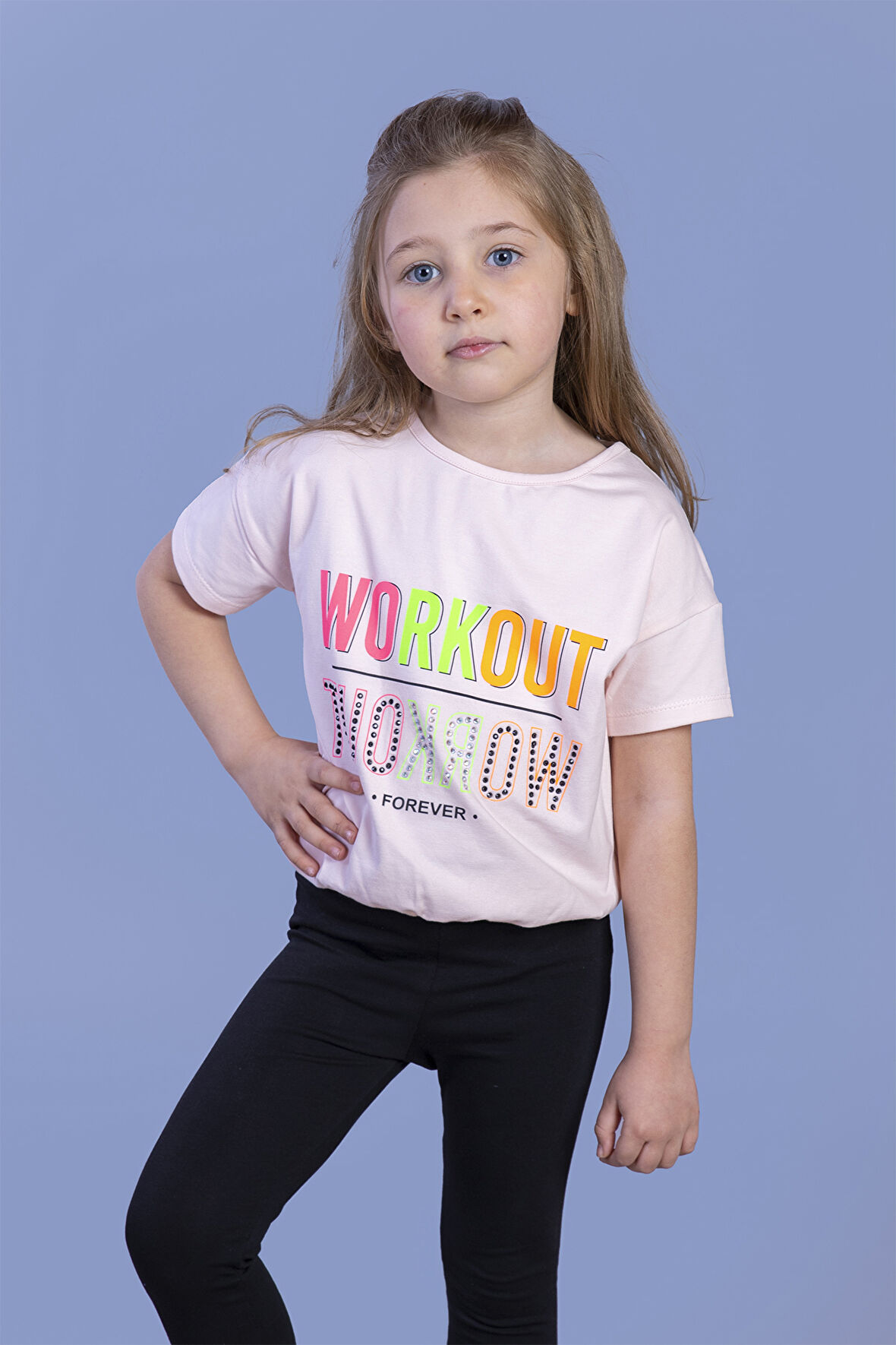 Toontoy Kız Çocuk Workout Baskılı Taş İşlemeli Tişört