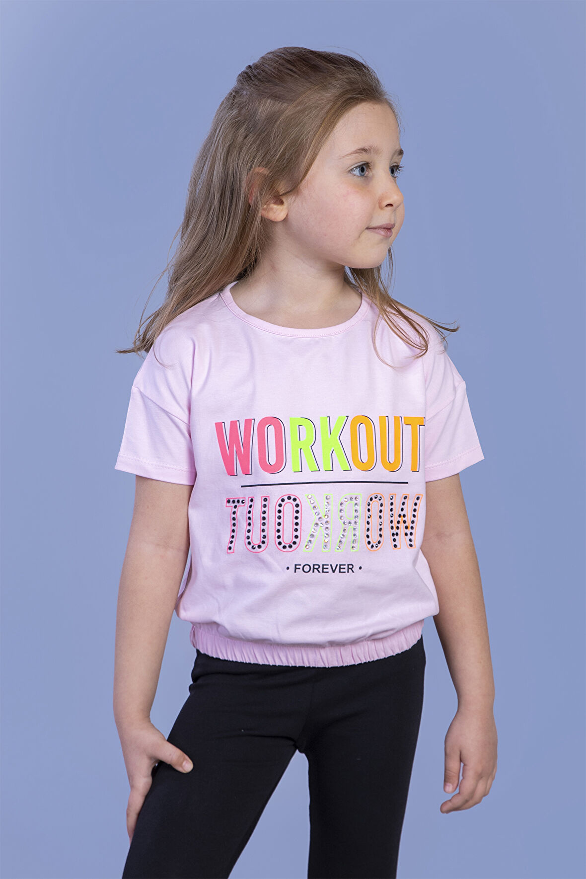 Toontoy Kız Çocuk Workout Baskılı Taş İşlemeli Tişört