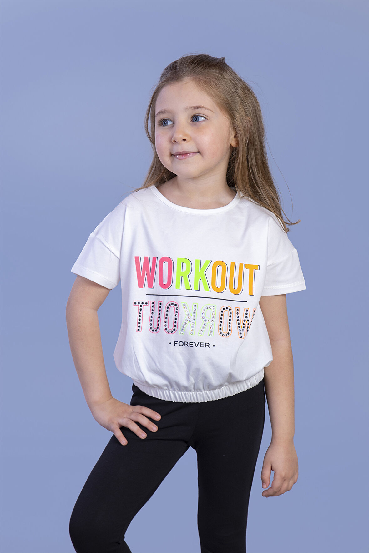 Toontoy Kız Çocuk Workout Baskılı Taş İşlemeli Tişört
