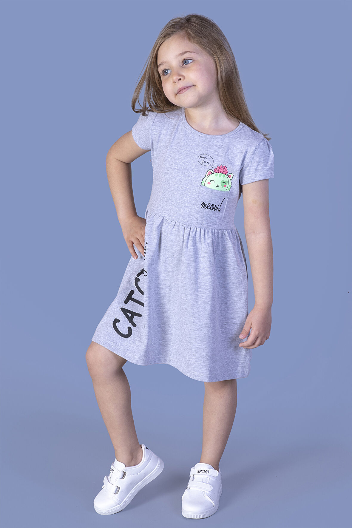 Toontoy Kız Çocuk Cebi Meow Nakışlı Taş İşlemeli Baskılı Elbise