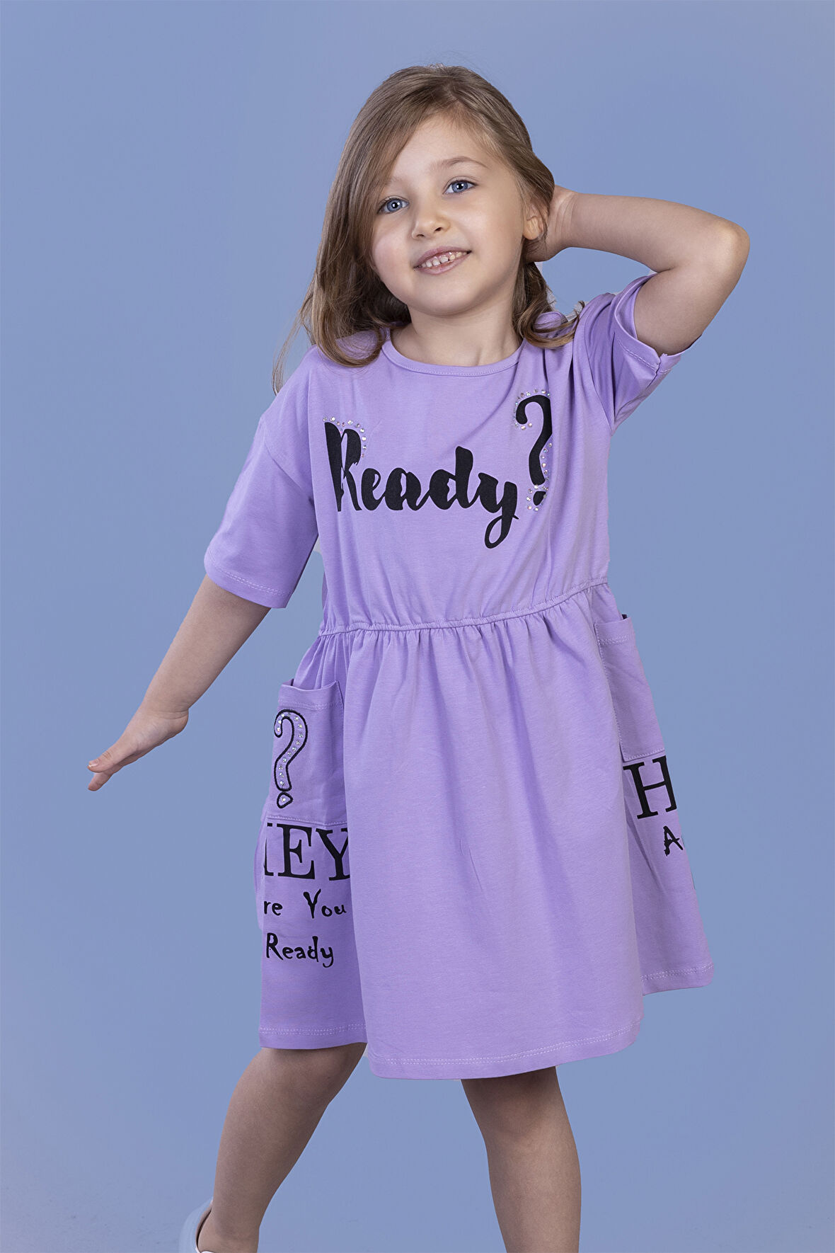 Toontoy Kız Çocuk Ready Baskılı Taş İşlemeli İki Yanı Cepli Elbise