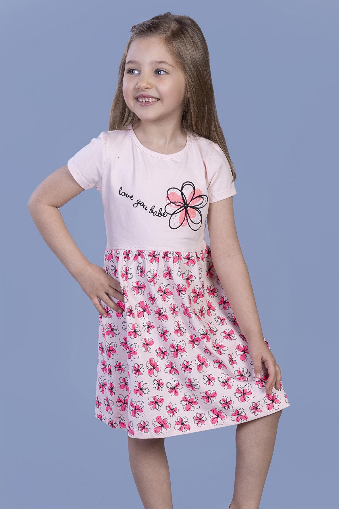 Toontoy Kız Çocuk Çiçek Desenli Yazı Nakışlı Pullu Taş İşlemeli Elbise