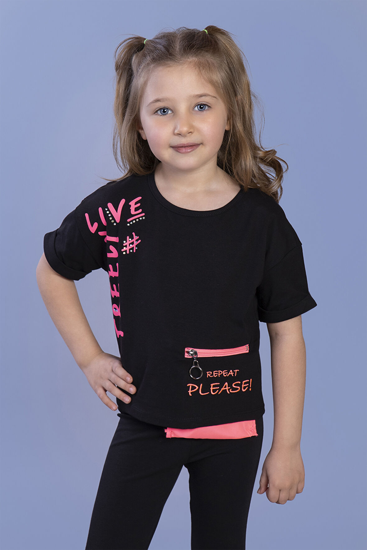 Toontoy Kız Çocuk Neon Uyumlu Cep Detaylı Baskılı Tişört