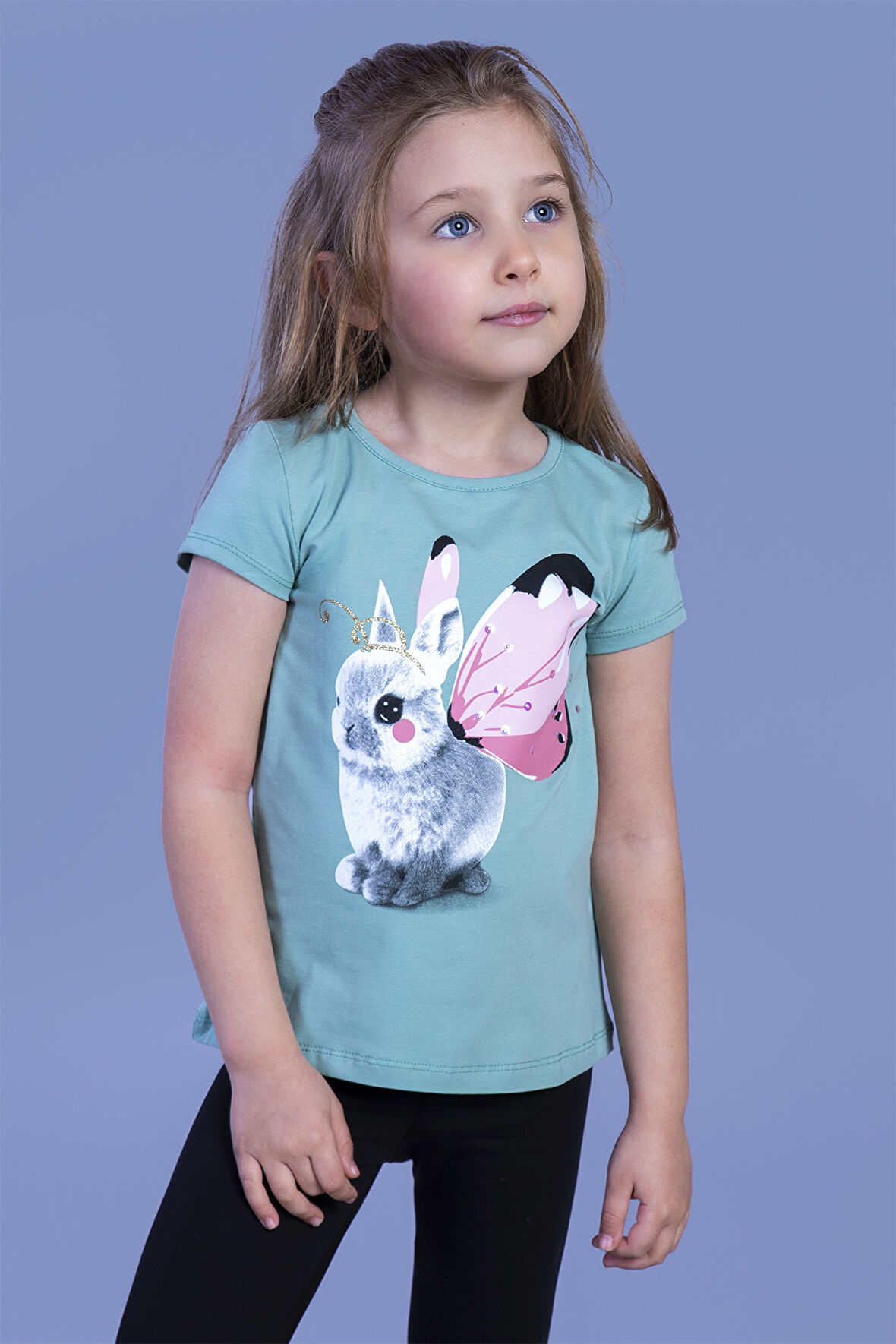 Toontoy Kız Çocuk Tavşan Baskılı Pul İşlemeli Tişört