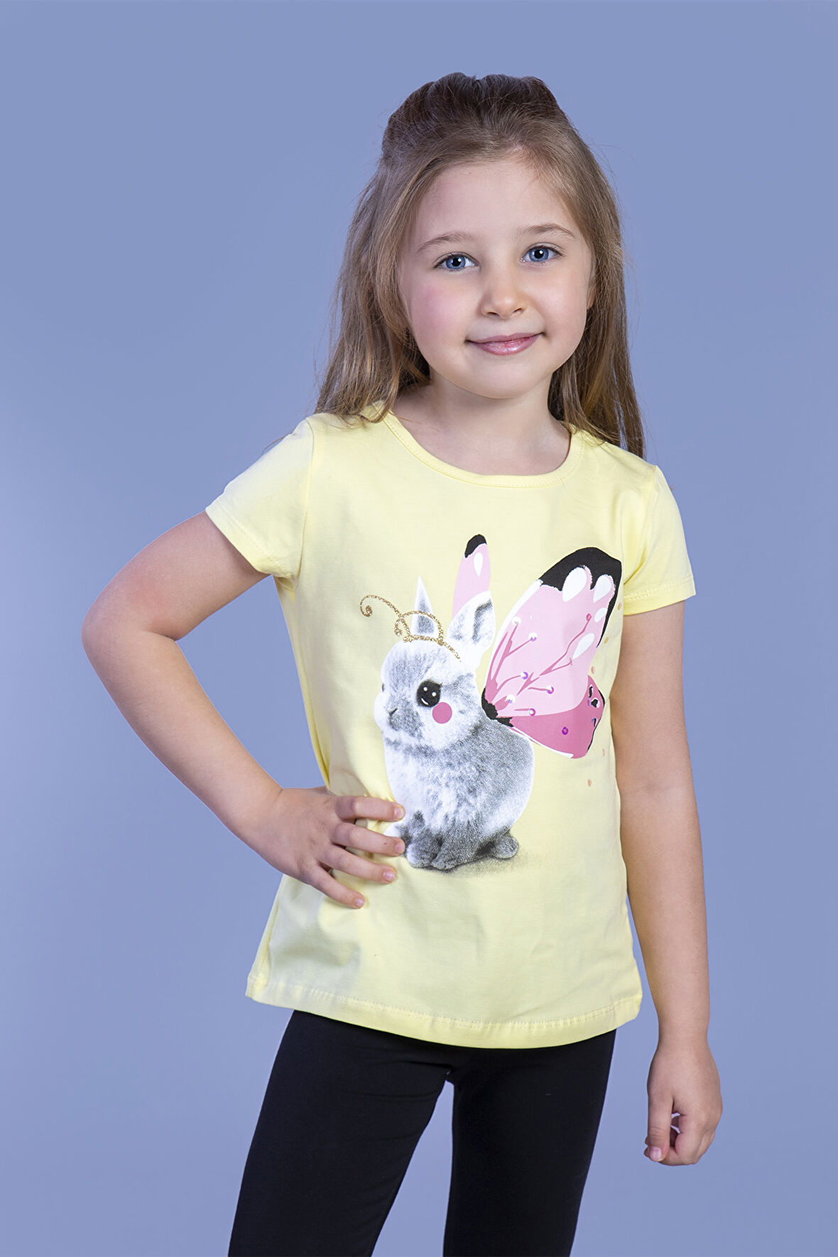 Toontoy Kız Çocuk Tavşan Baskılı Pul İşlemeli Tişört