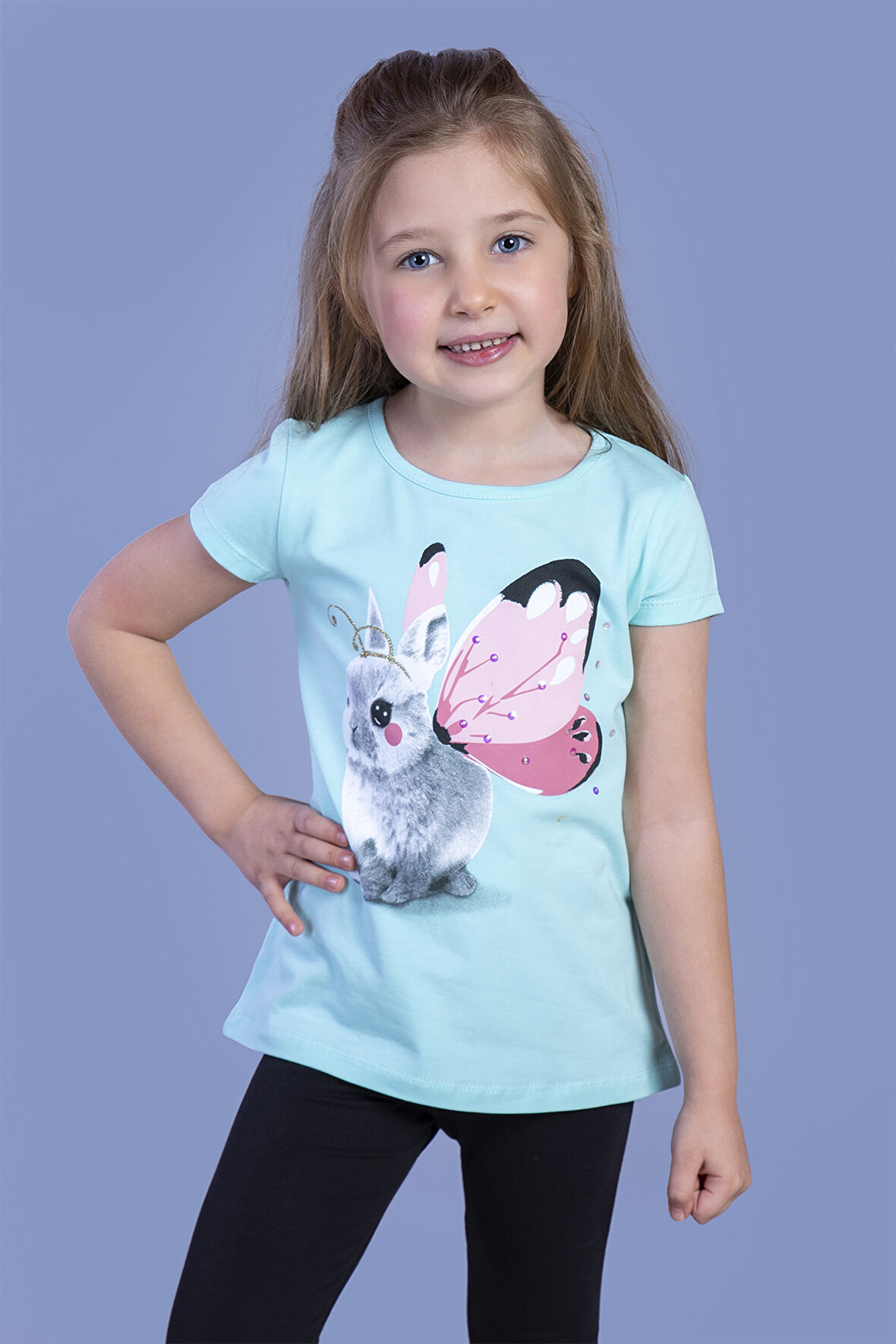 Toontoy Kız Çocuk Tavşan Baskılı Pul İşlemeli Tişört