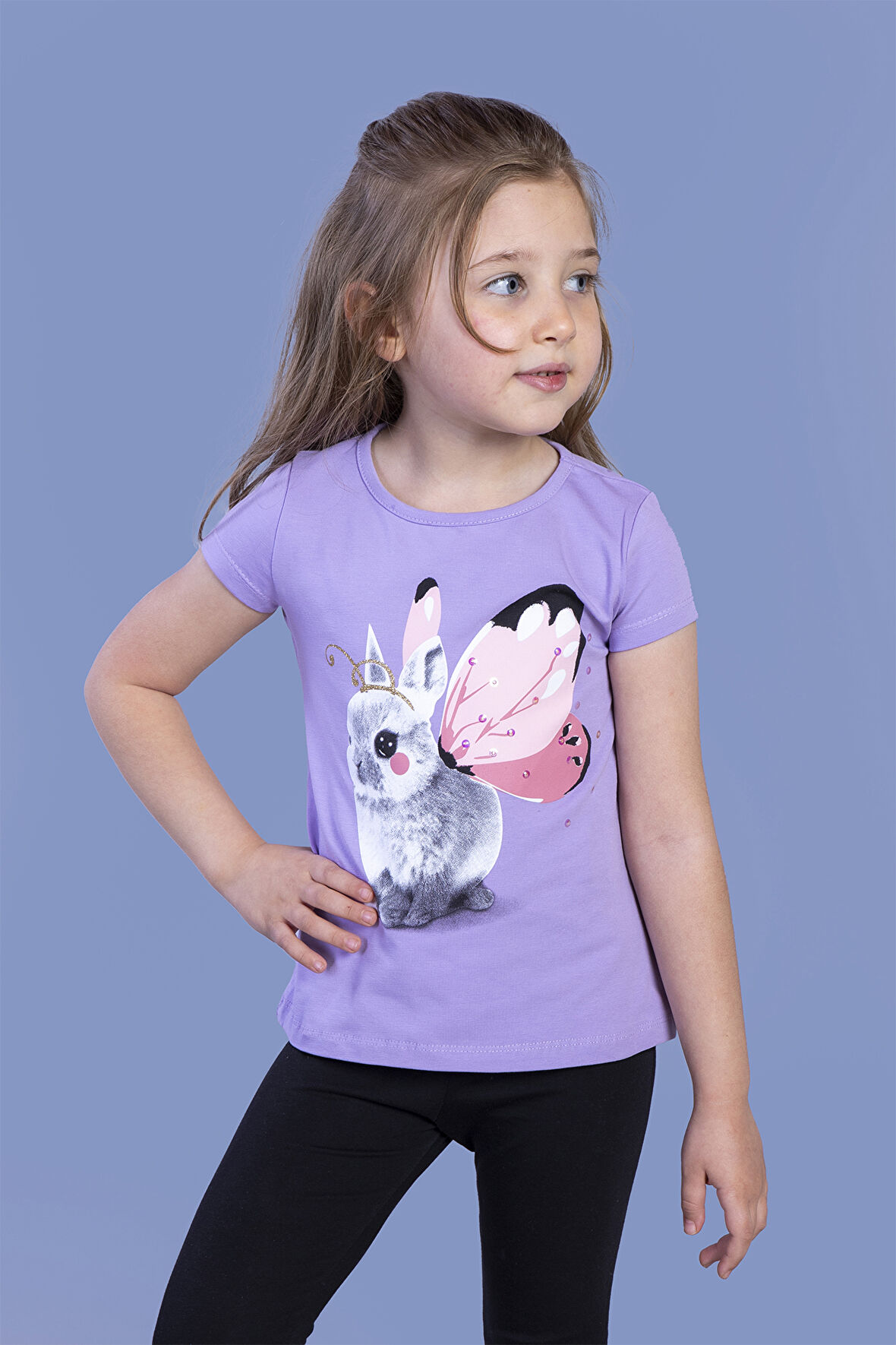 Toontoy Kız Çocuk Tavşan Baskılı Pul İşlemeli Tişört