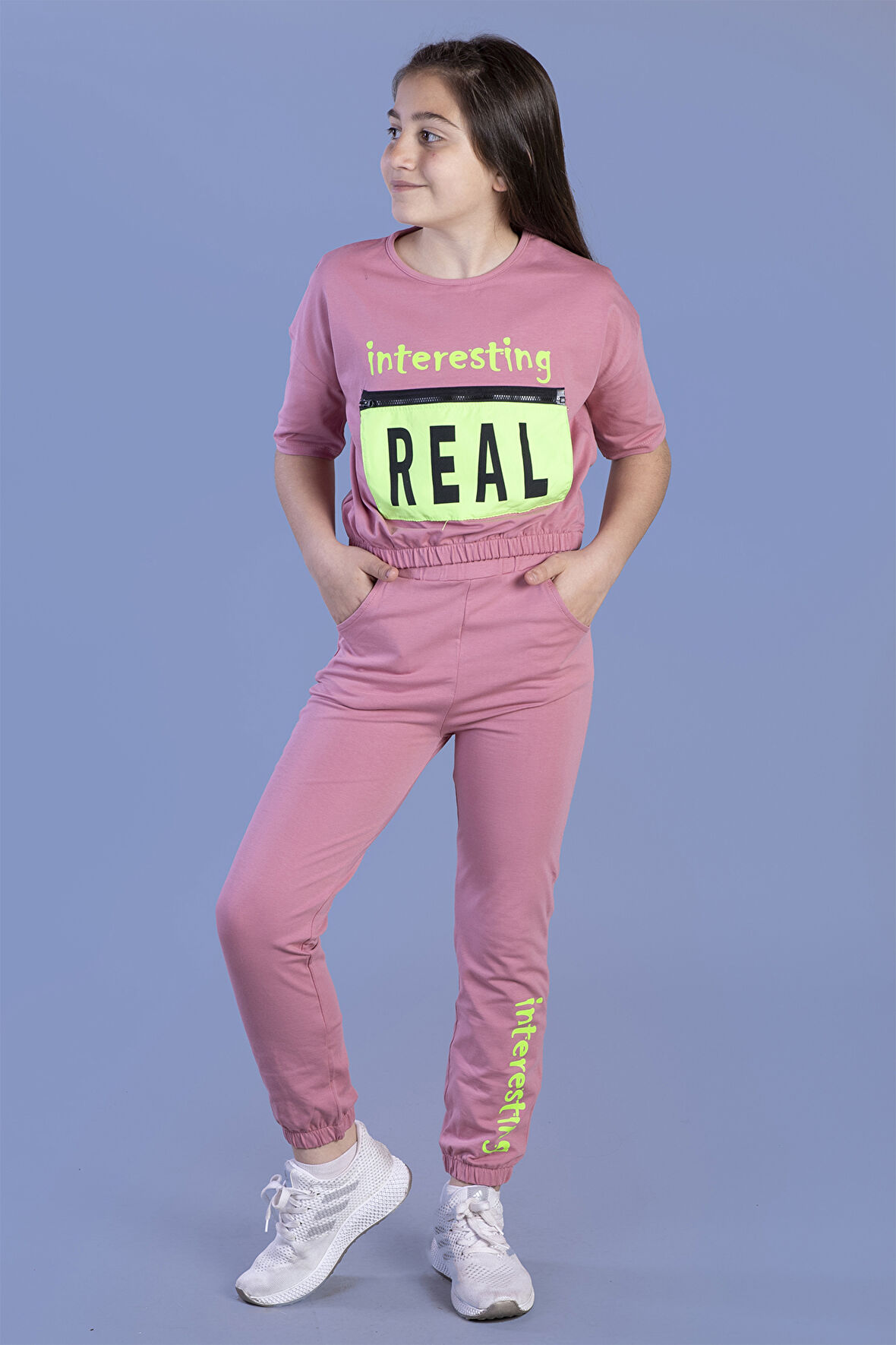 Toontoy Kız Çocuk Crop Model Cep Detaylı Baskılı Eşofman Takımı