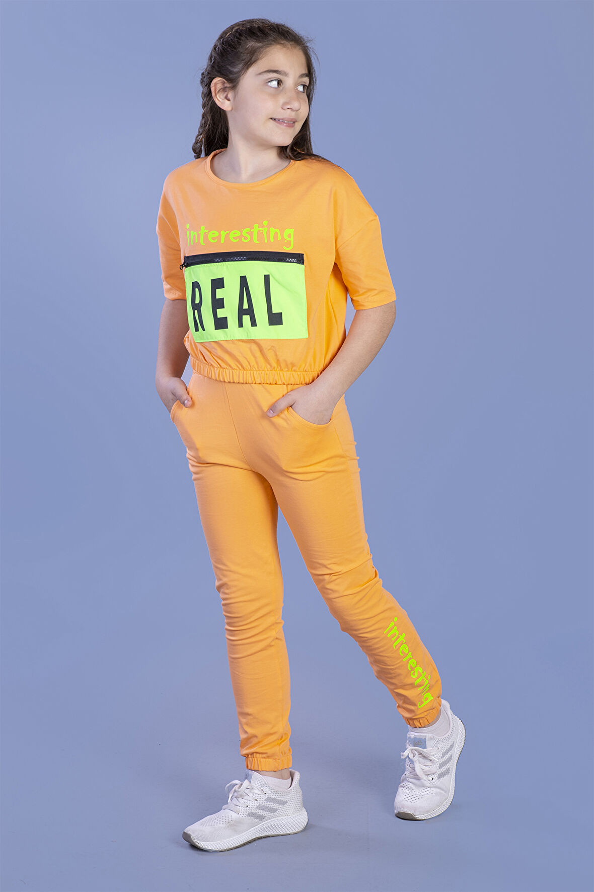 Toontoy Kız Çocuk Crop Model Cep Detaylı Baskılı Eşofman Takımı