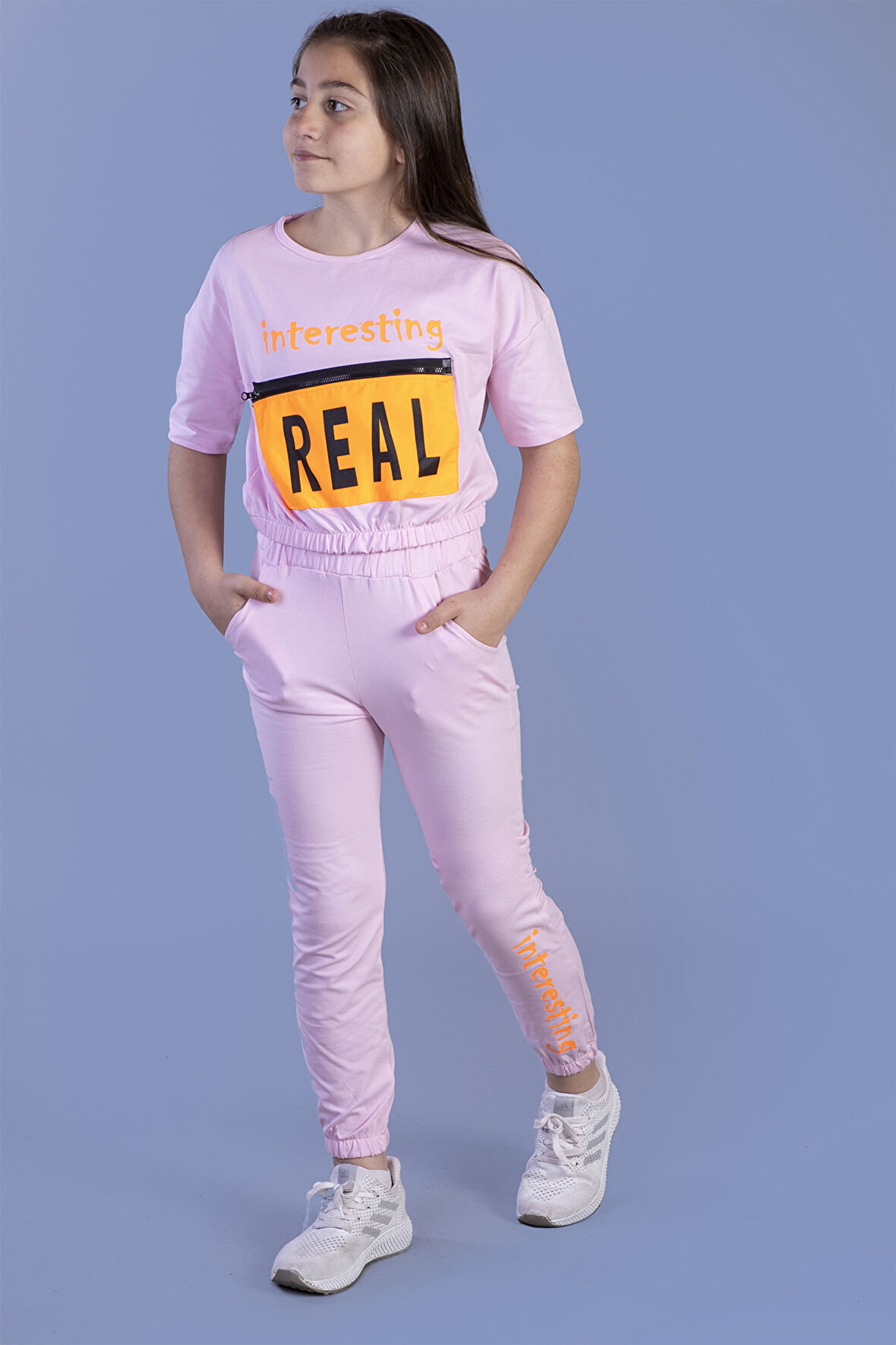 Toontoy Kız Çocuk Crop Model Cep Detaylı Baskılı Eşofman Takımı