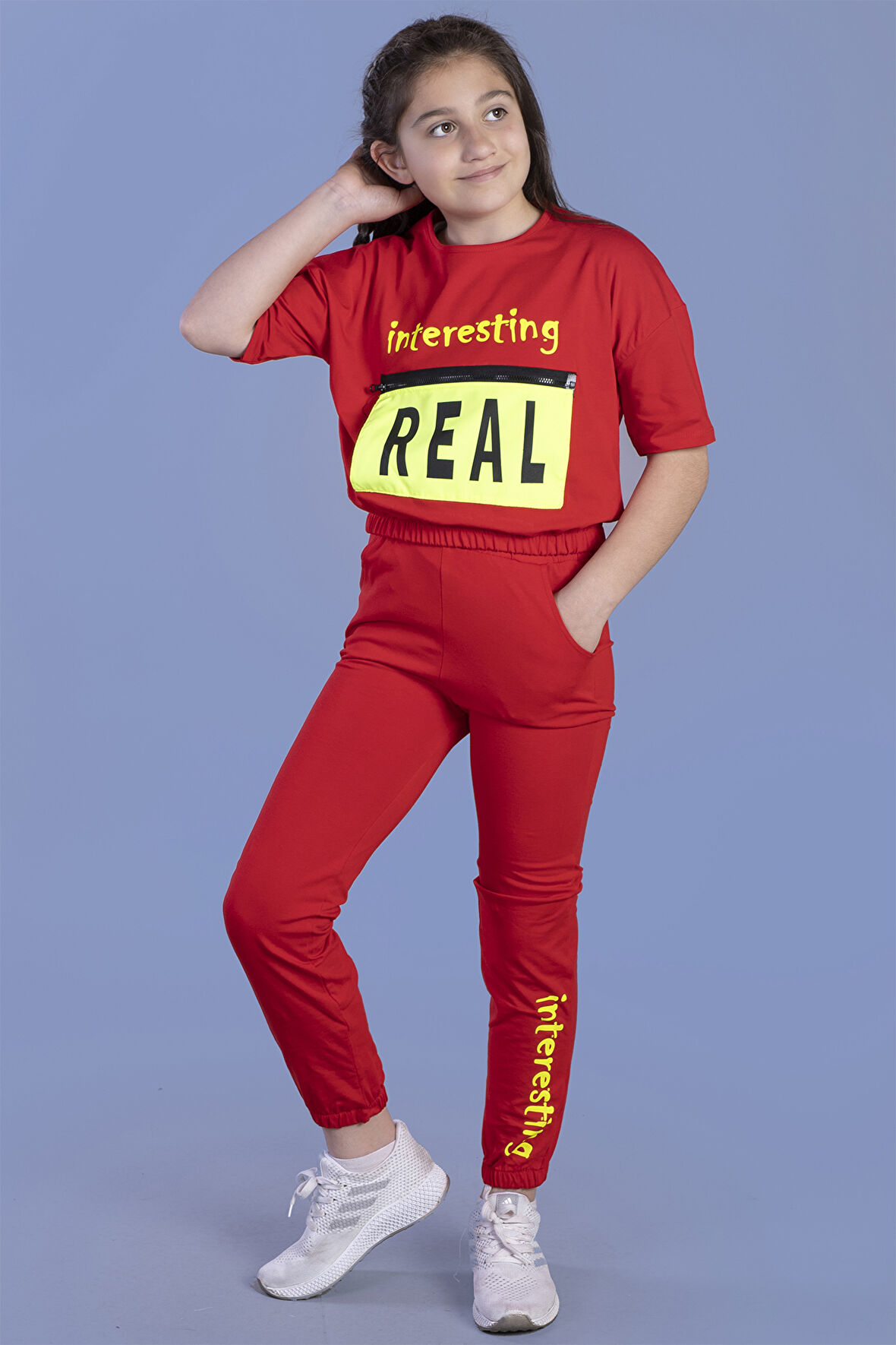 Toontoy Kız Çocuk Crop Model Cep Detaylı Baskılı Eşofman Takımı