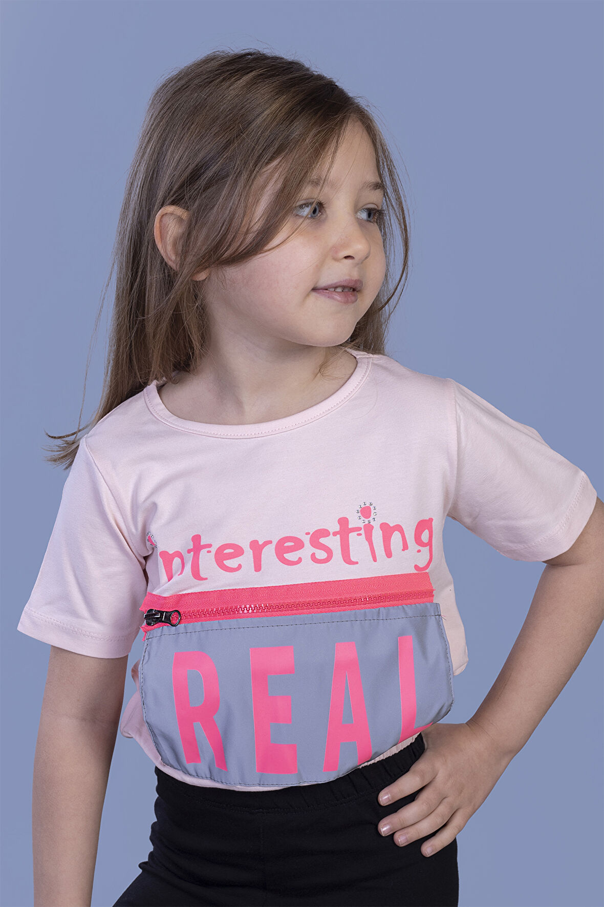 Toontoy Kız Çocuk Crop Model Cebi Reflektör Detaylı Baskılı Tişört