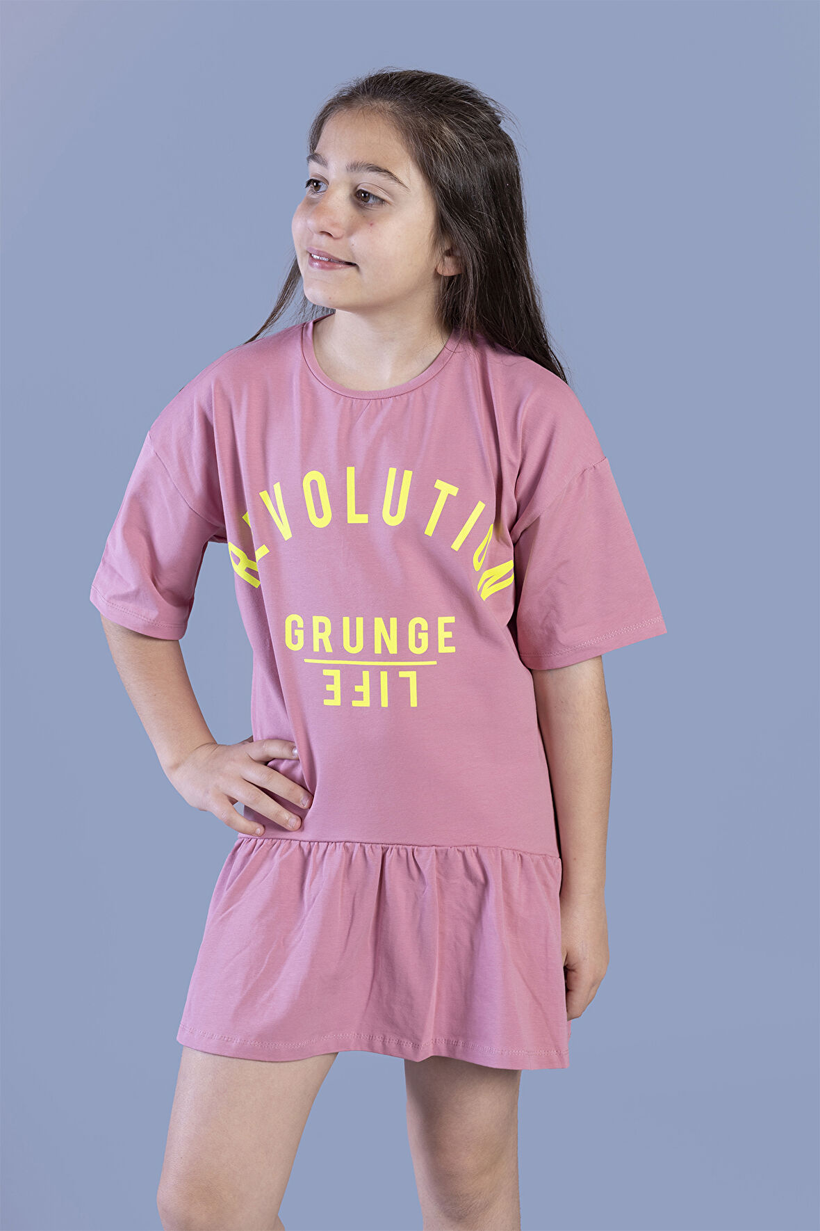 Toontoy Kız Çocuk Baskılı Eteği Büzgülü Düşük Kol Elbise