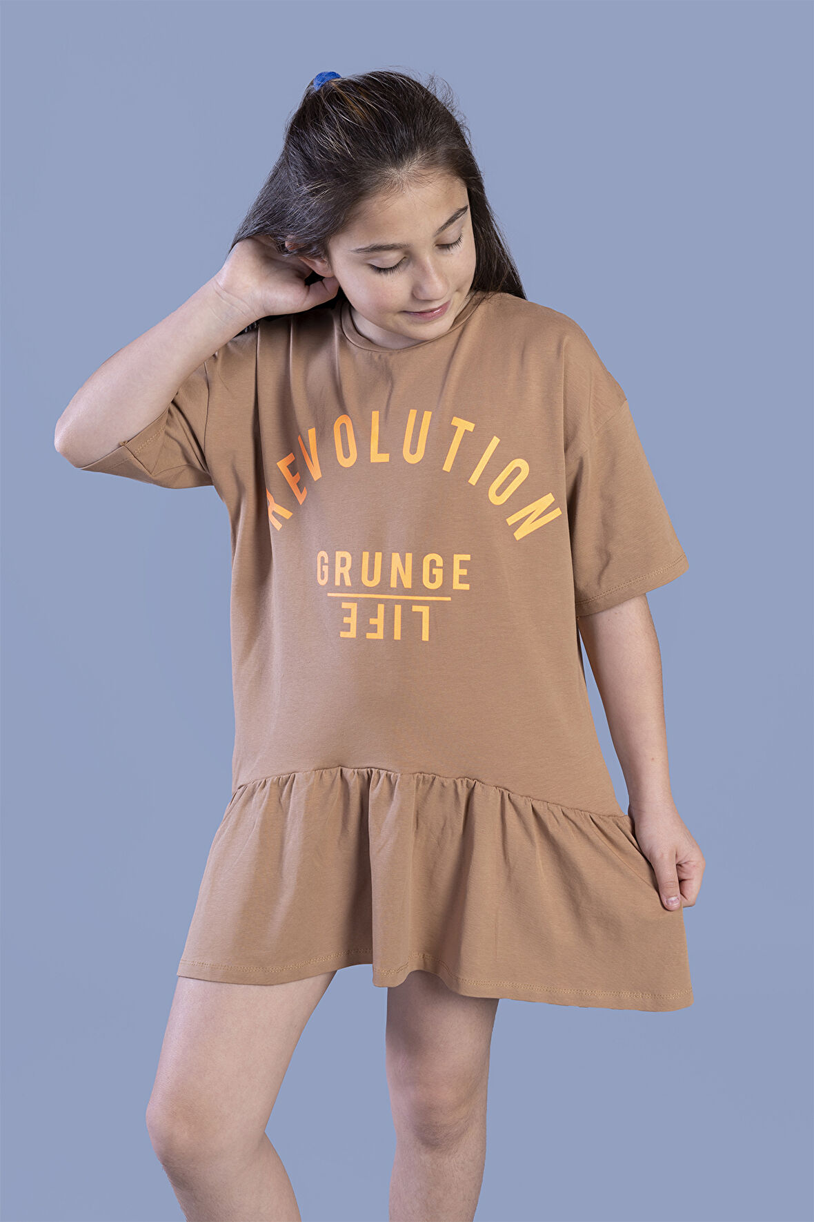 Toontoy Kız Çocuk Baskılı Eteği Büzgülü Düşük Kol Elbise