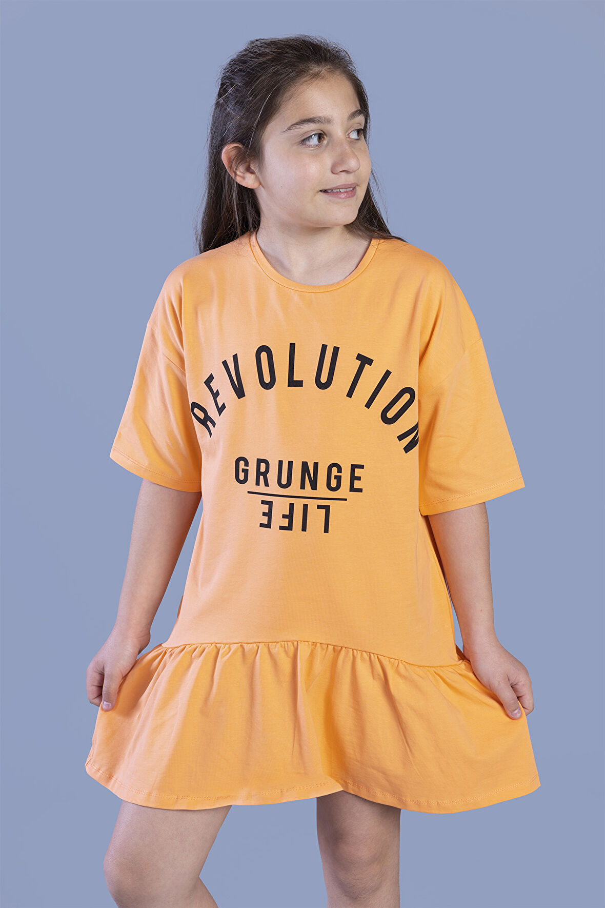 Toontoy Kız Çocuk Baskılı Eteği Büzgülü Düşük Kol Elbise