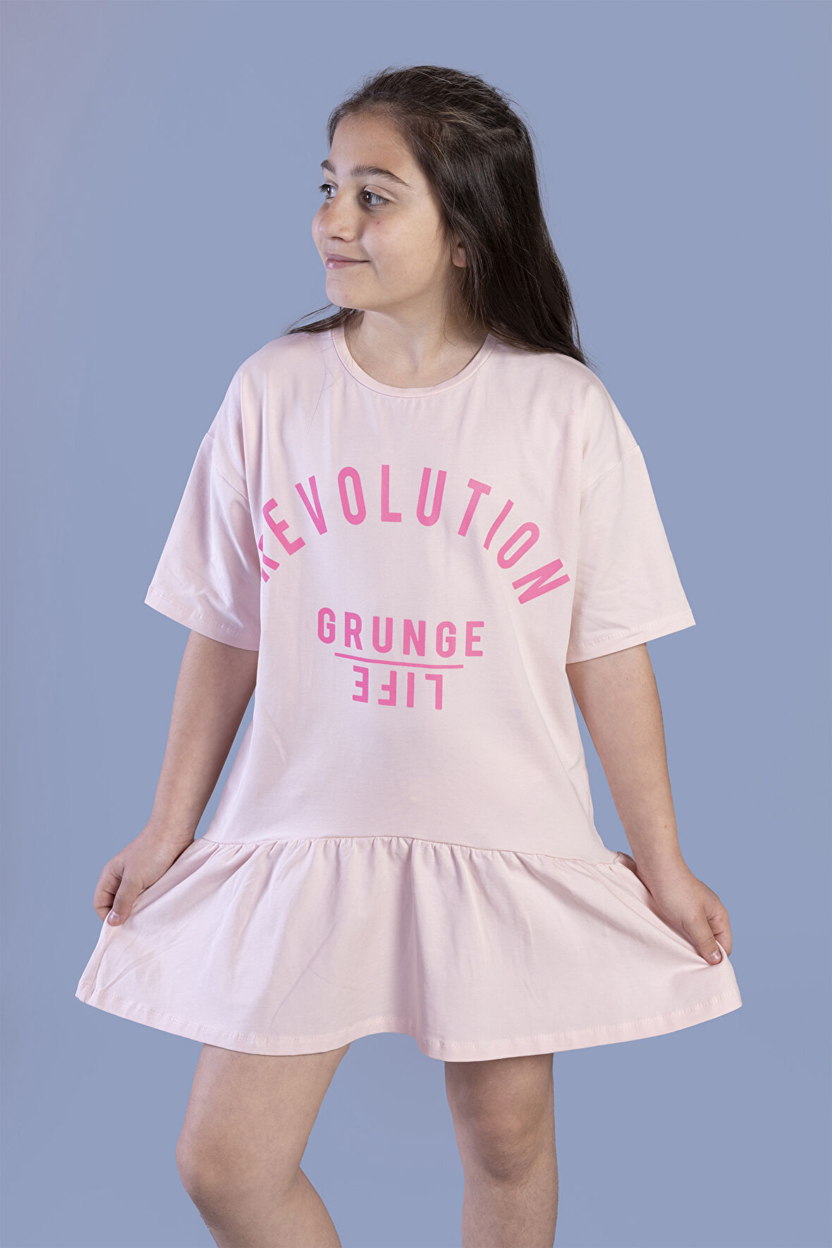 Toontoy Kız Çocuk Baskılı Eteği Büzgülü Düşük Kol Elbise