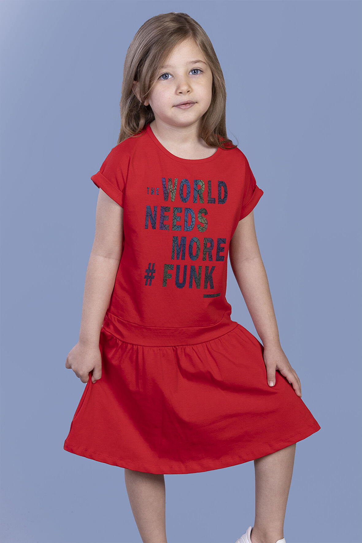 Toontoy Kız Çocuk Renkli Yazı Baskılı Büzgü Detaylı Elbise