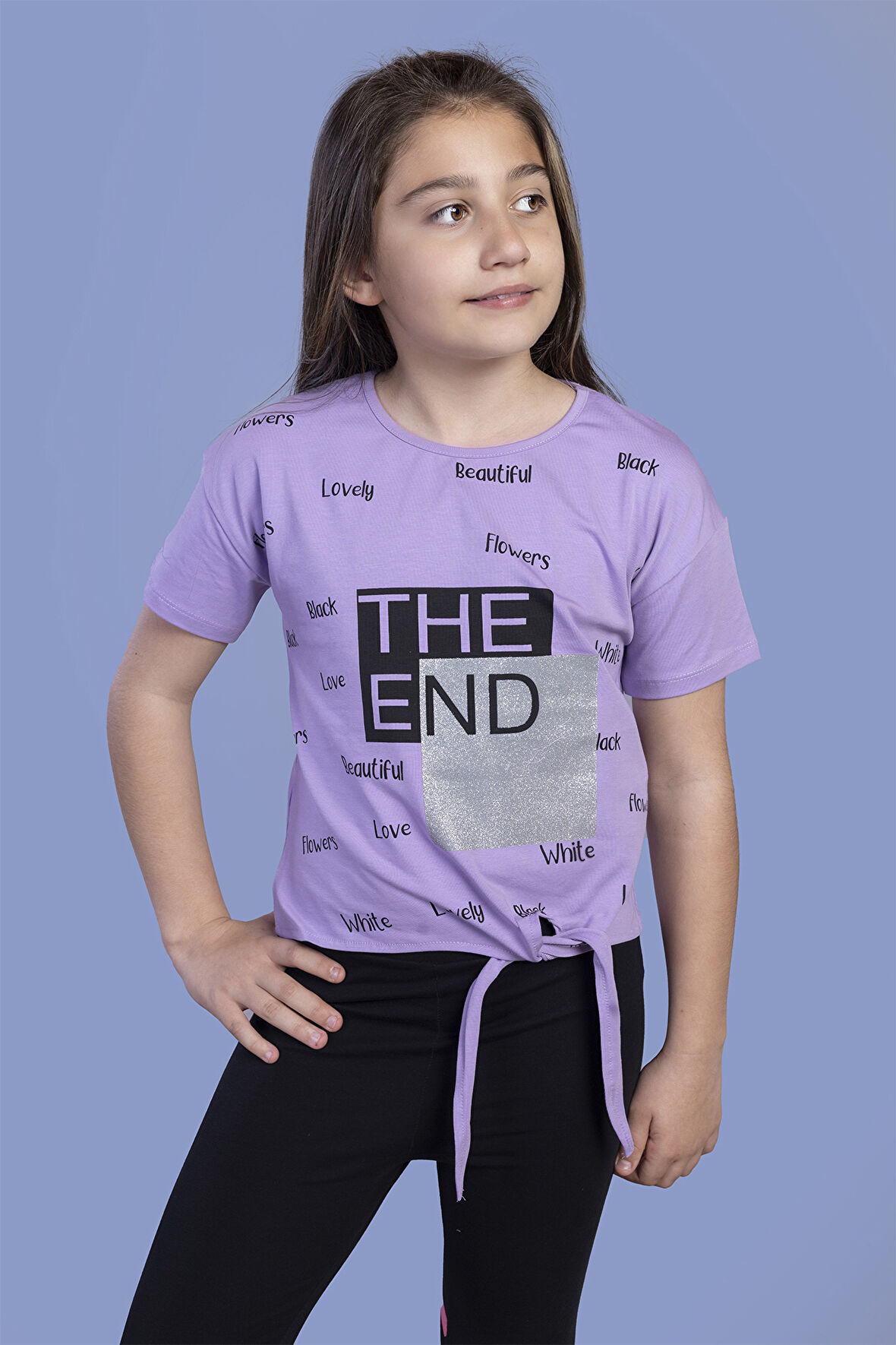 Toontoy Kız Çocuk Komple Baskılı Bağlama Detaylı Tişört