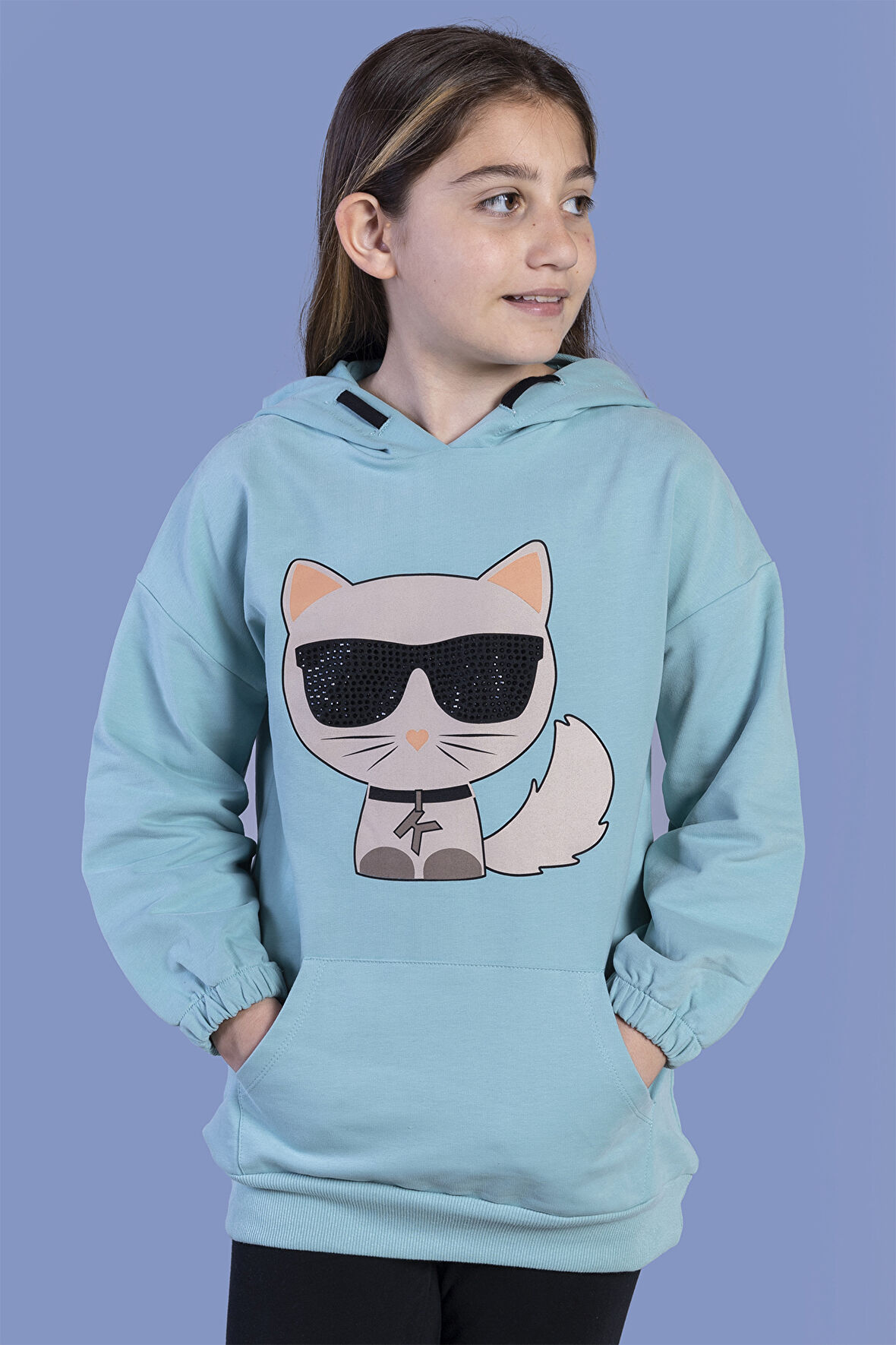 Toontoy Kız Çocuk Kedi Desenli Taş İşlemeli Kanguru Cepli Sweatshirt
