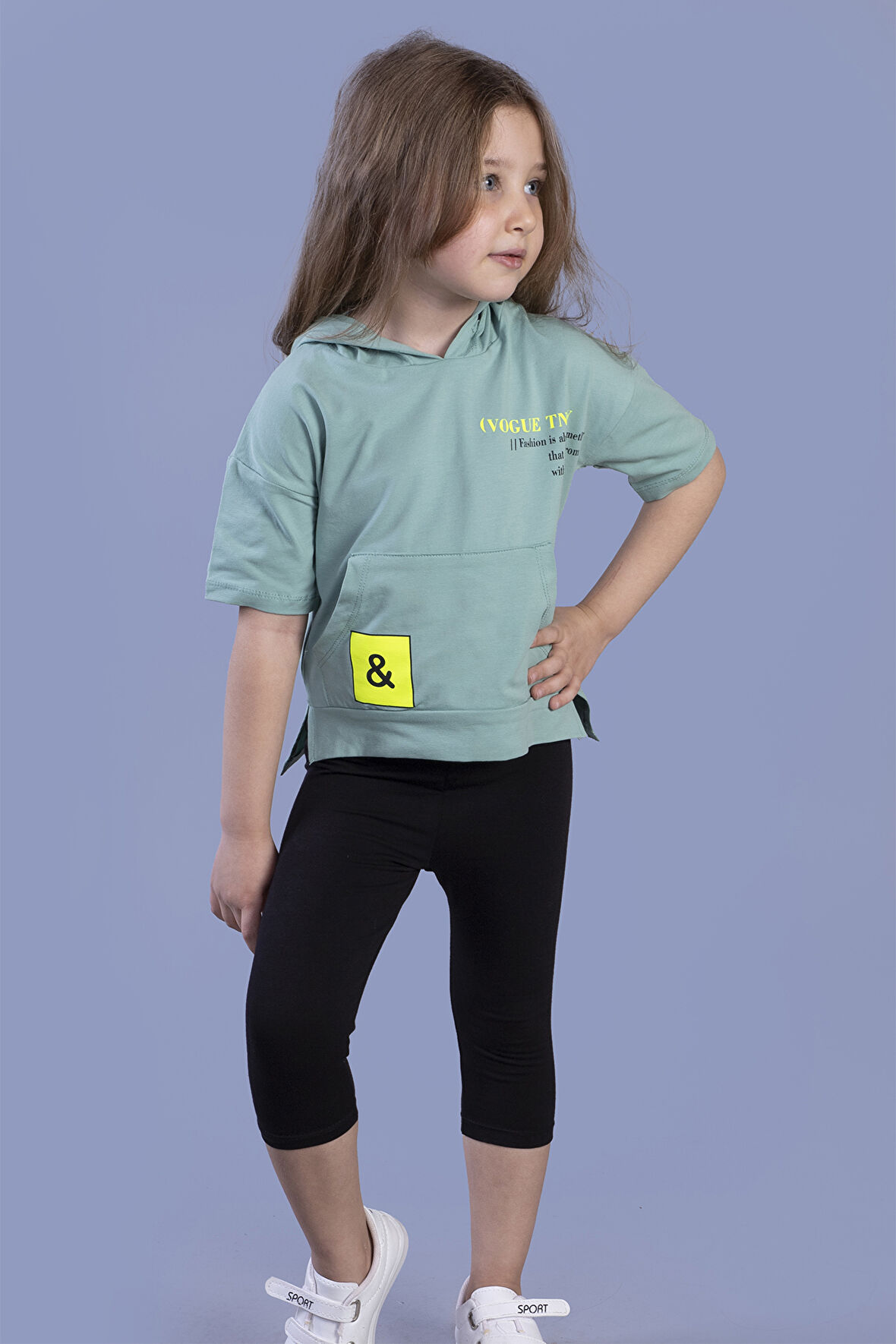 Toontoy Kız Çocuk Baskılı Kapüşonlu Kanguru Cepli Taytlı Takım