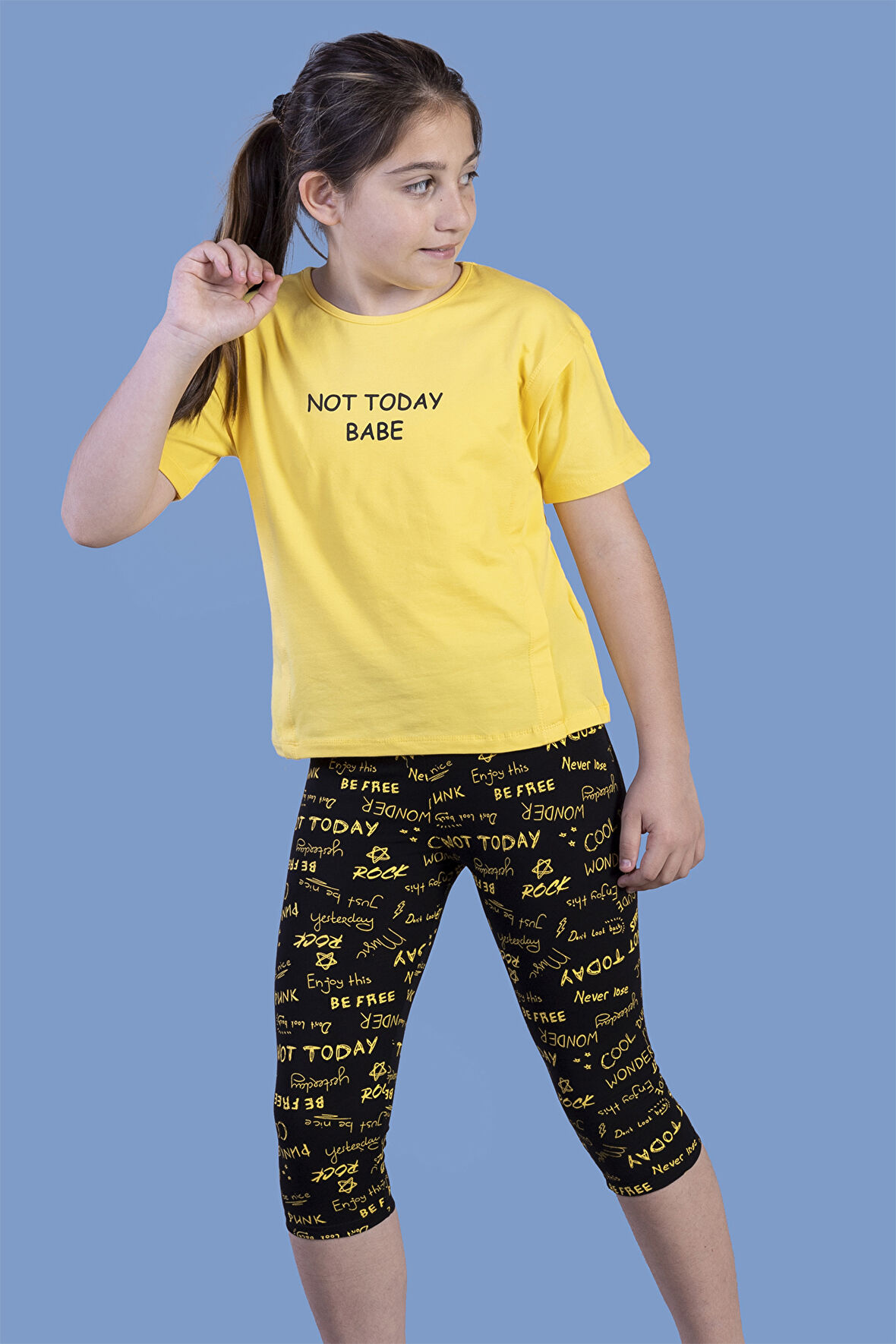 Toontoy Kız Çocuk Kesik Detaylı Baskılı Taytlı Takım