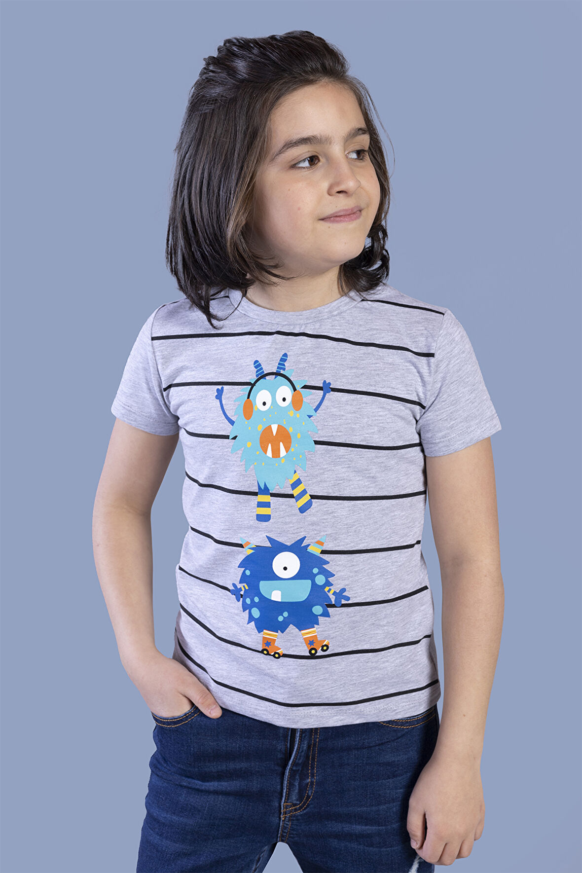 Toontoy Erkek Çocuk Çizgili Canavar Baskılı Tişört