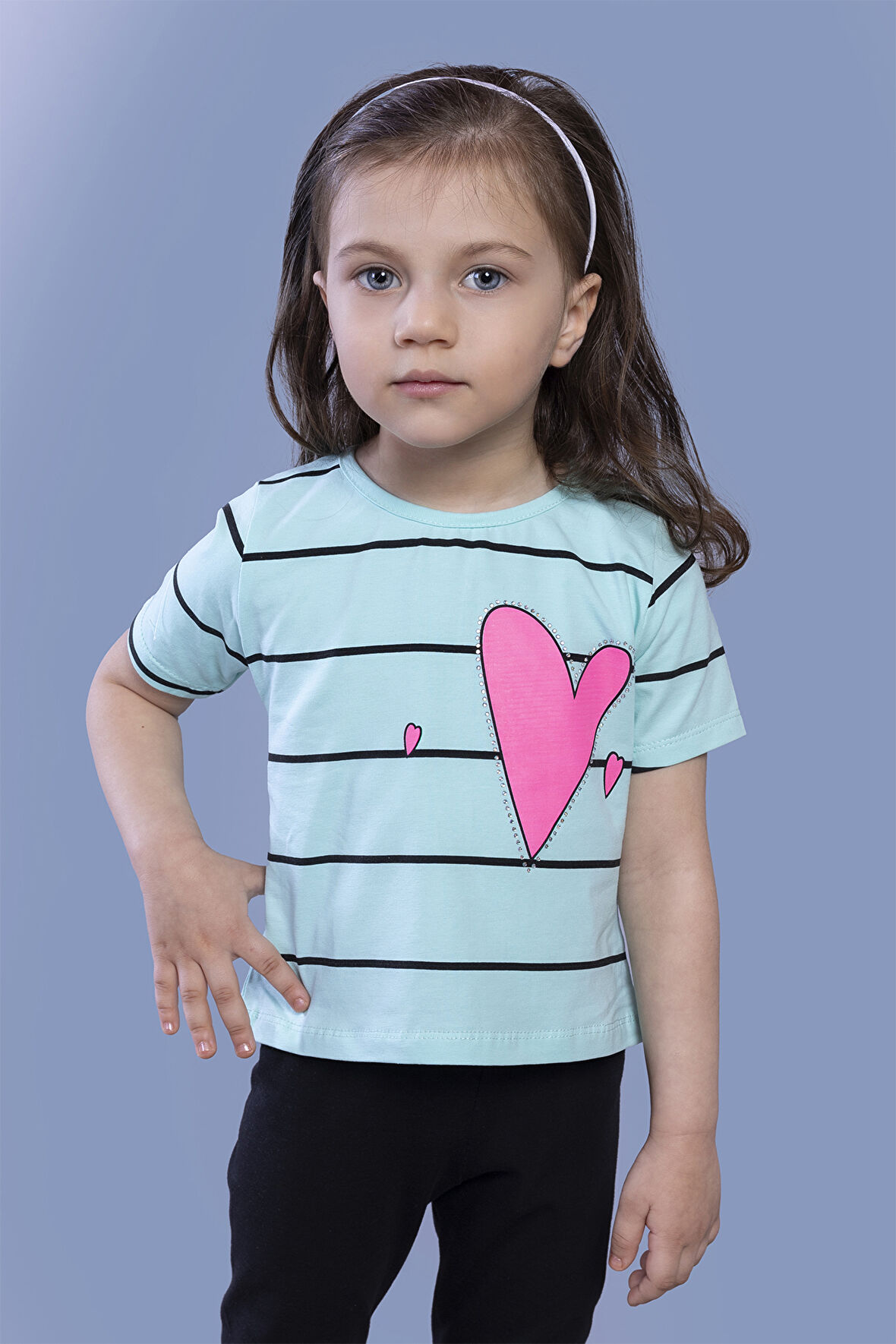 Toontoy Kız Çocuk Çizgli Kalp Baskılı Taş İşlemeli Tişört