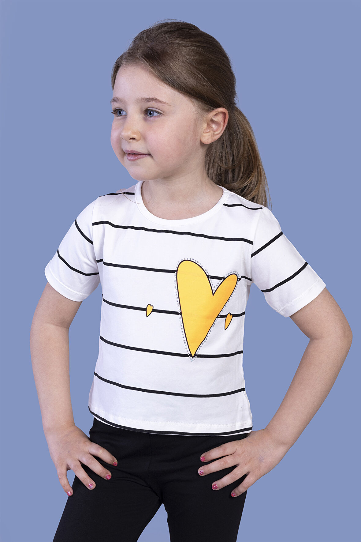 Toontoy Kız Çocuk Çizgli Kalp Baskılı Taş İşlemeli Tişört