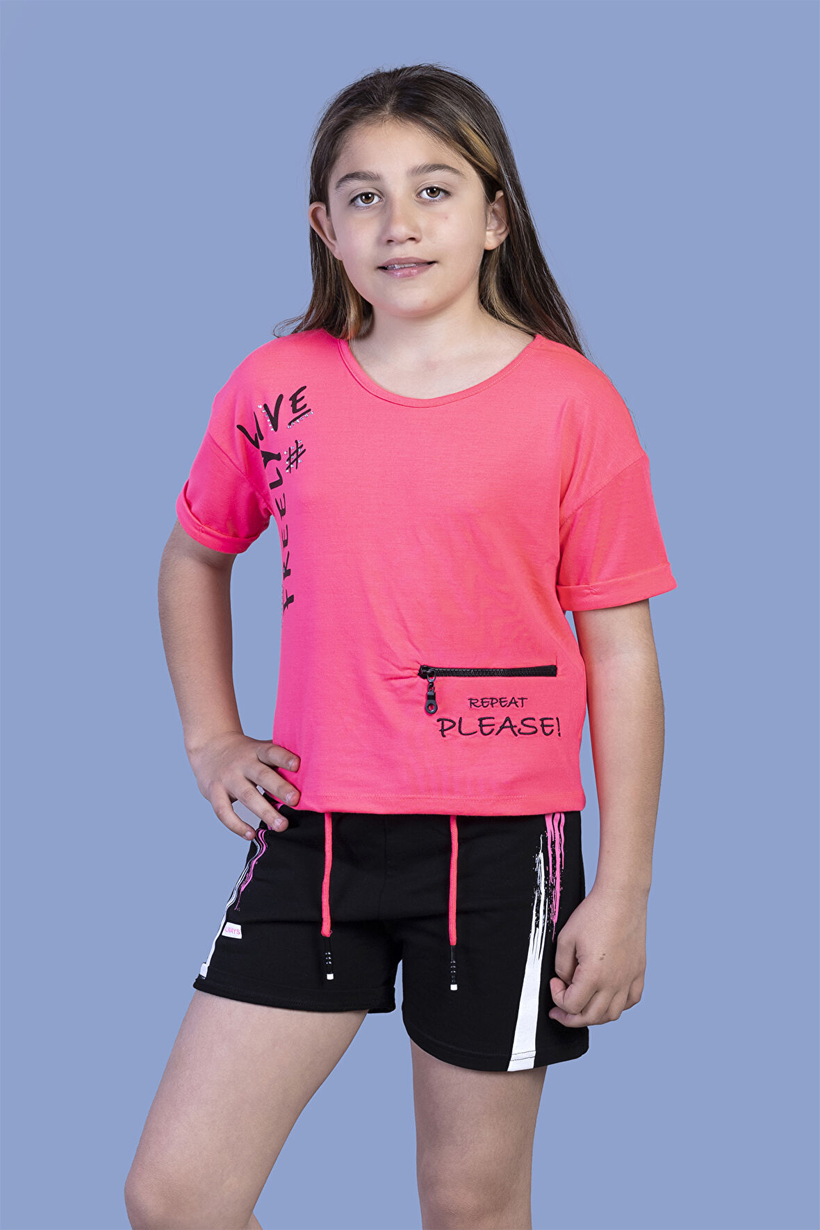 Toontoy Kız Çocuk Cep Detaylı Baskılı Şortlu Takım