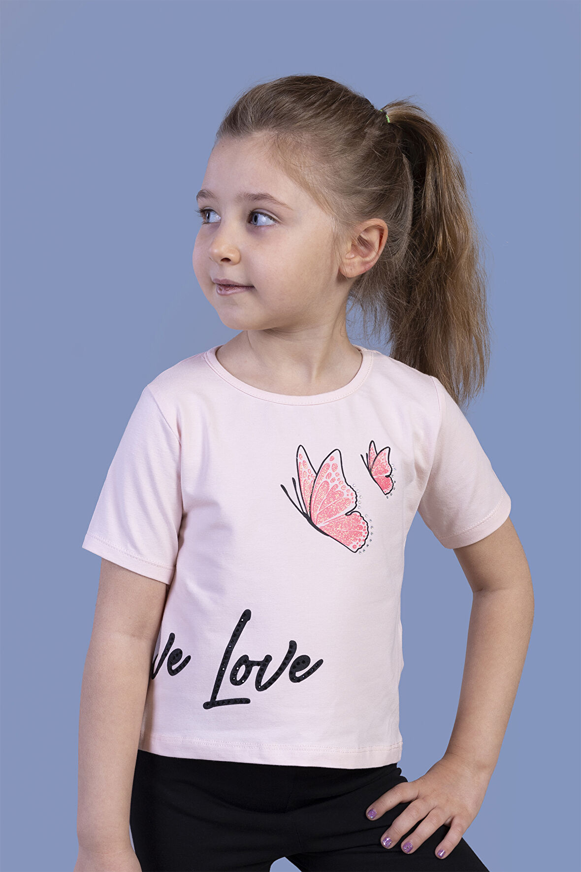 Toontoy Kız Çocuk Kelebek Baskılı Taş İşlemeli Tişört