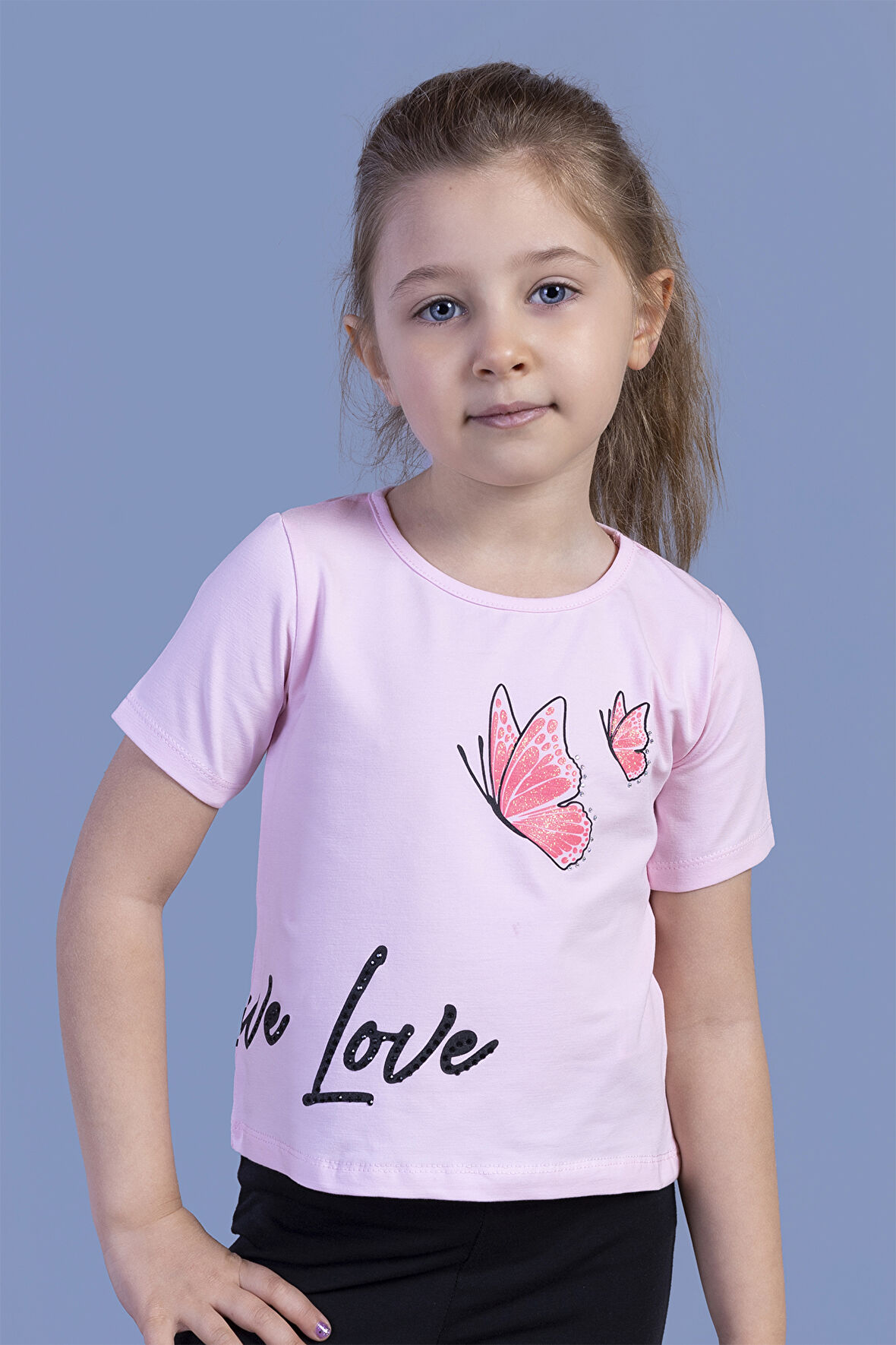 Toontoy Kız Çocuk Kelebek Baskılı Taş İşlemeli Tişört