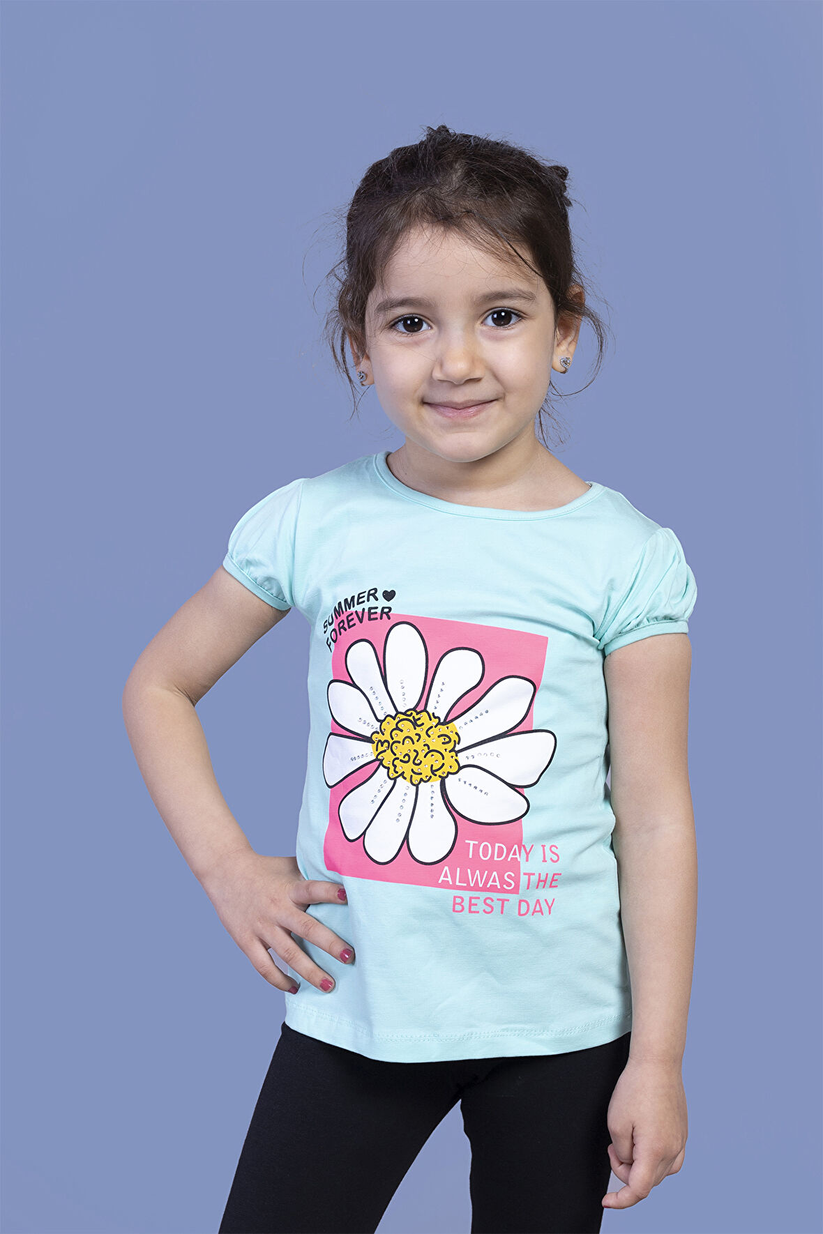 Toontoy Kız Çocuk Papatya Baskılı Taş İşlemeli Tişört