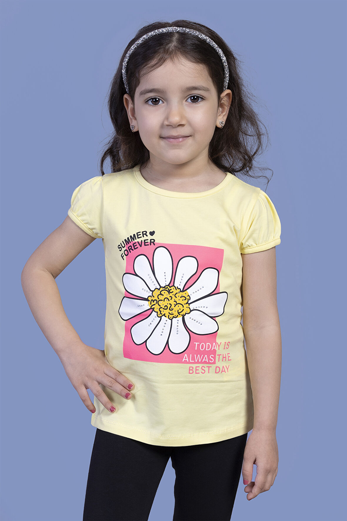 Toontoy Kız Çocuk Papatya Baskılı Taş İşlemeli Tişört