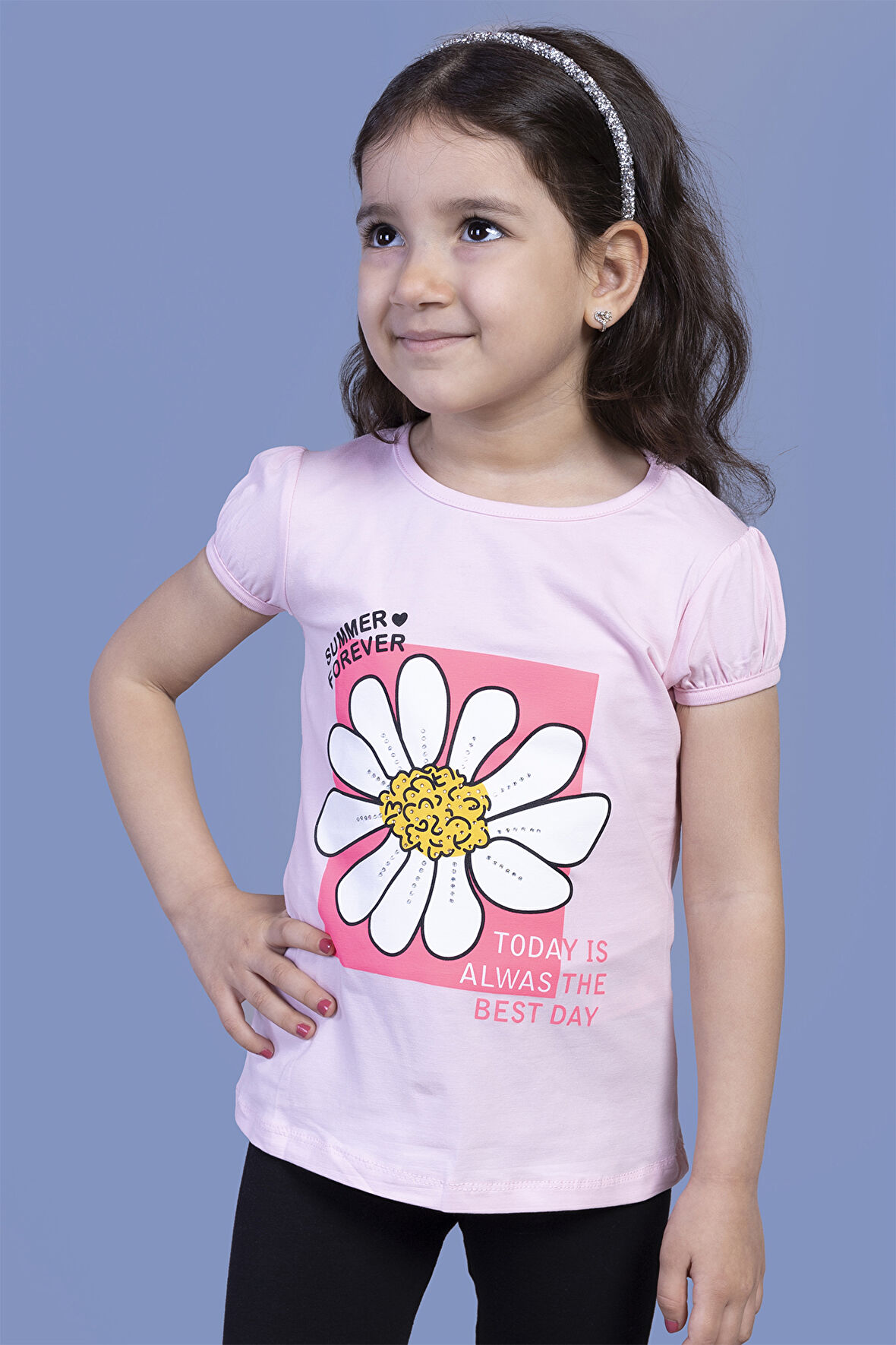 Toontoy Kız Çocuk Papatya Baskılı Taş İşlemeli Tişört