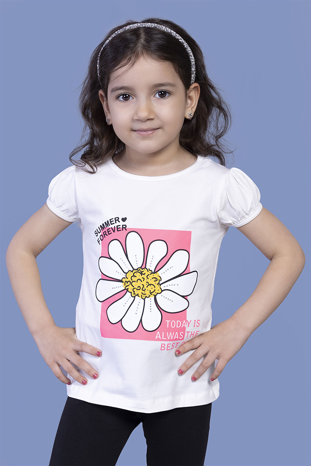 Toontoy Kız Çocuk Papatya Baskılı Taş İşlemeli Tişört