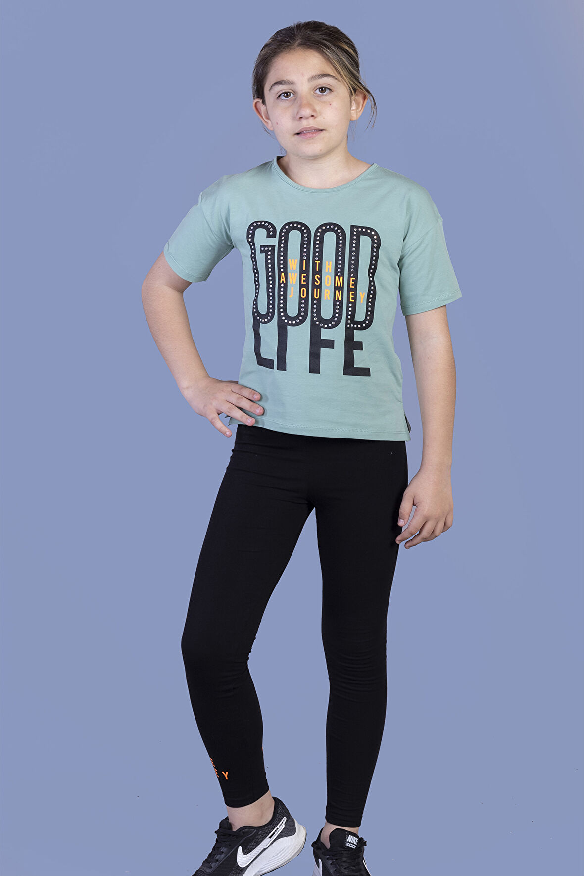 Toontoy Kız Çocuk Baskılı Taş İşlemeli Taytlı Takım