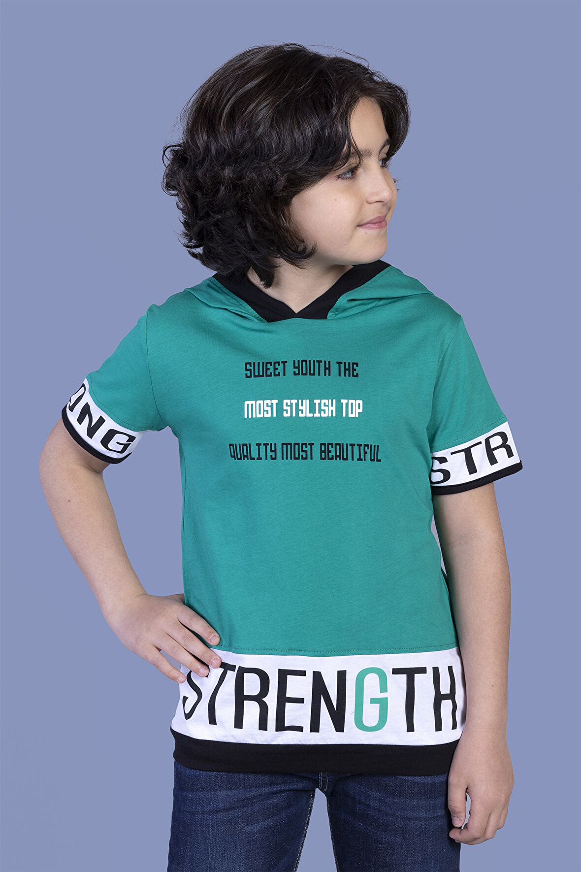 Toontoy Erkek Çocuk Kapüşonlu Garni Detaylı Baskılı Tişört