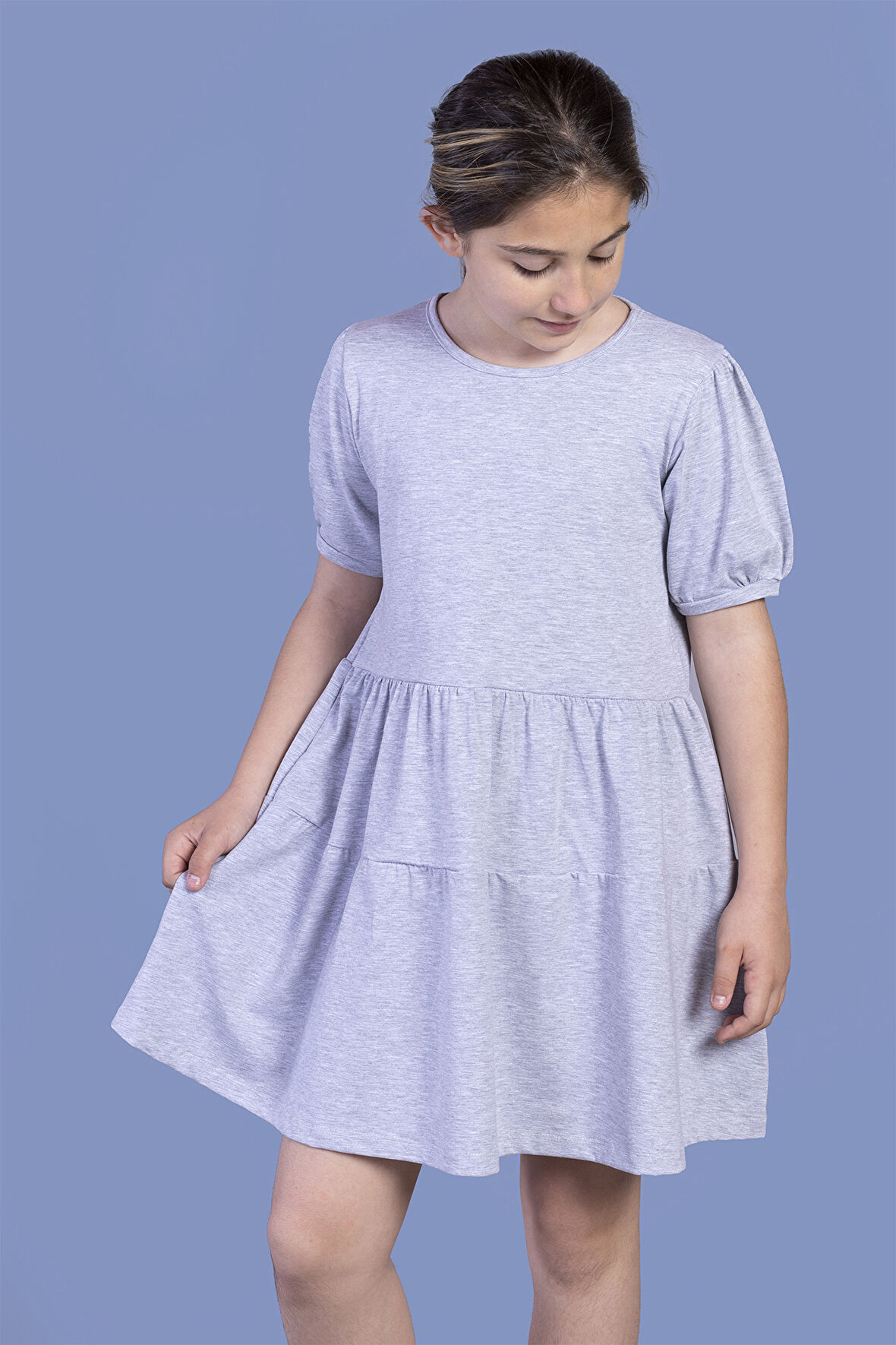 Toontoy Kız Çocuk Büzgülü Balon Kol Elbise