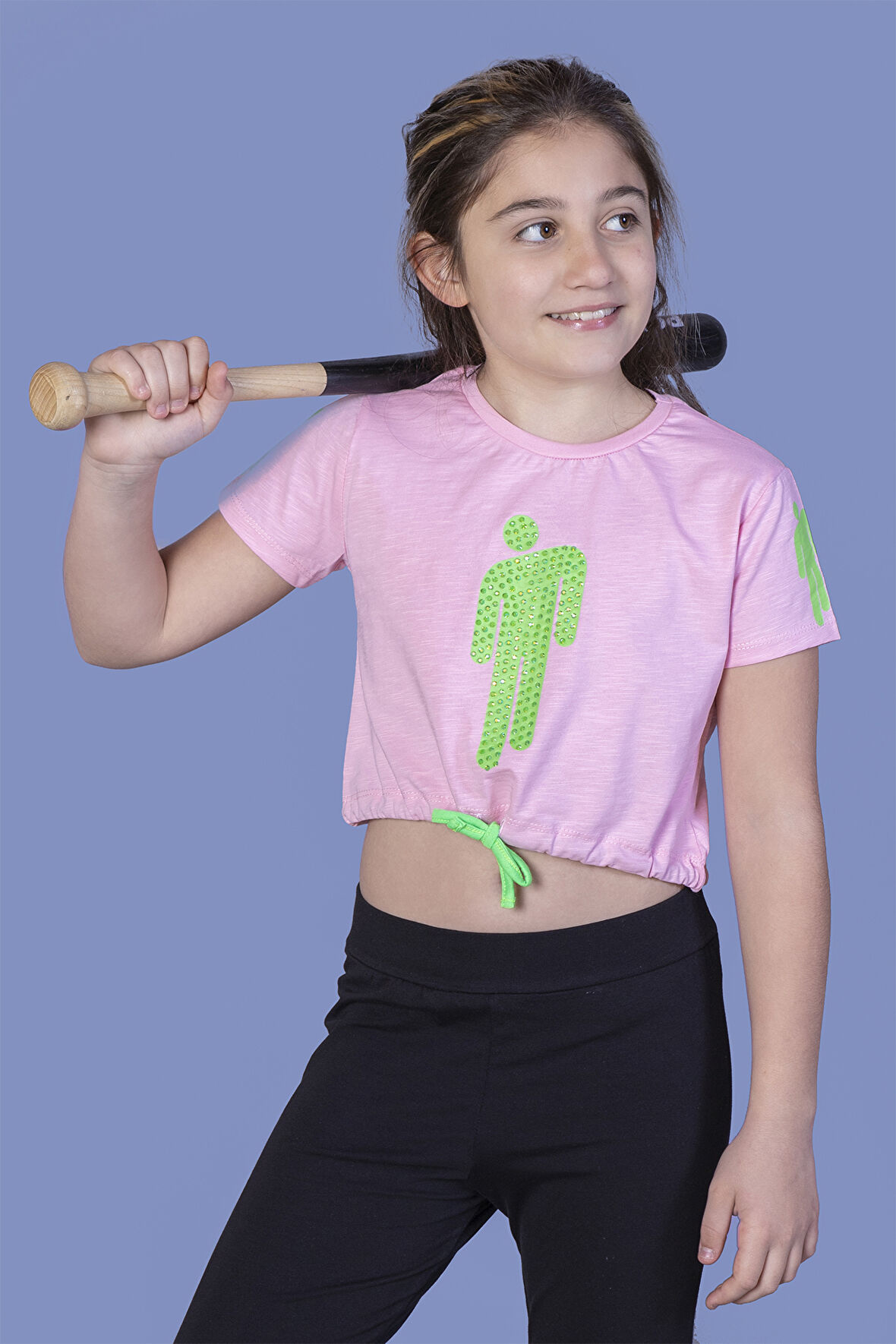 Toontoy Kız Çocuk Crop Model Baskılı Taş İşlemeli Tişört