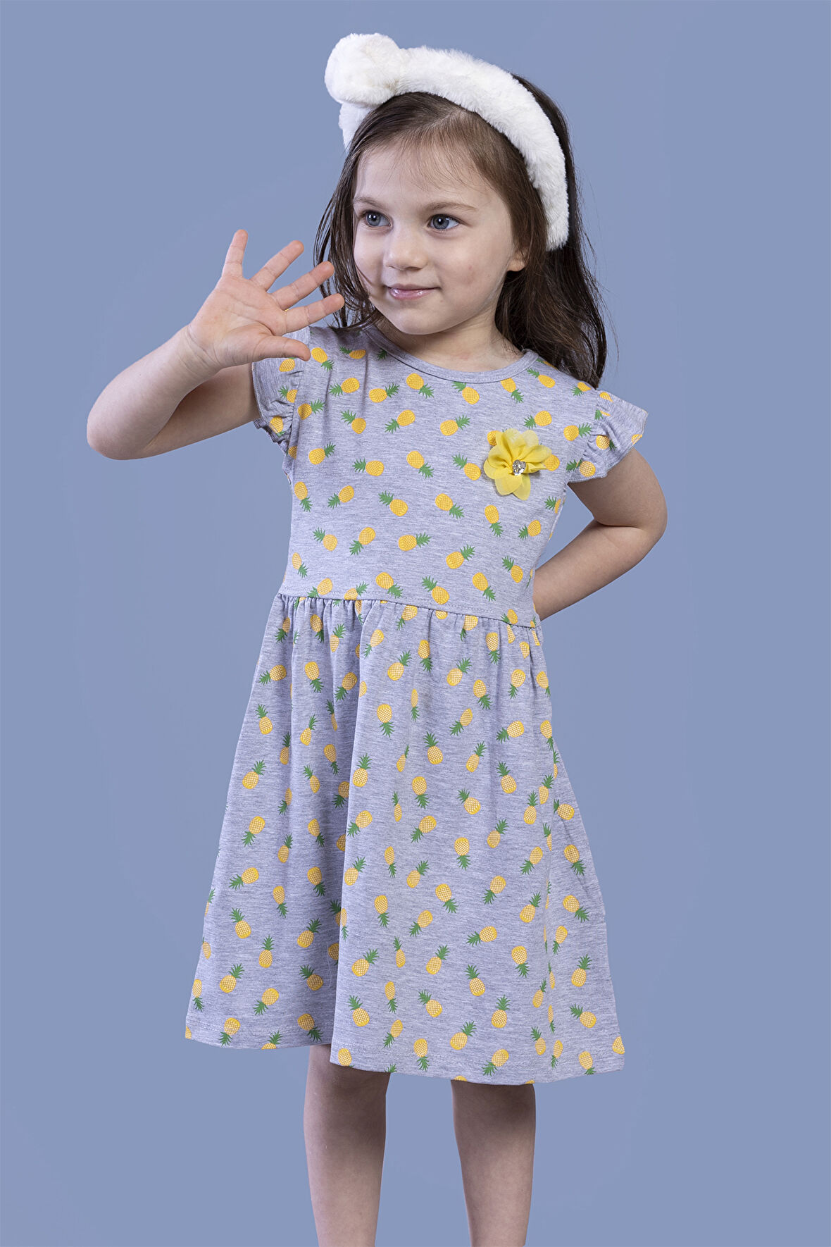 Toontoy Kız Çocuk Komple Ananas Baskılı Çiçek Aksesuarlı Elbise