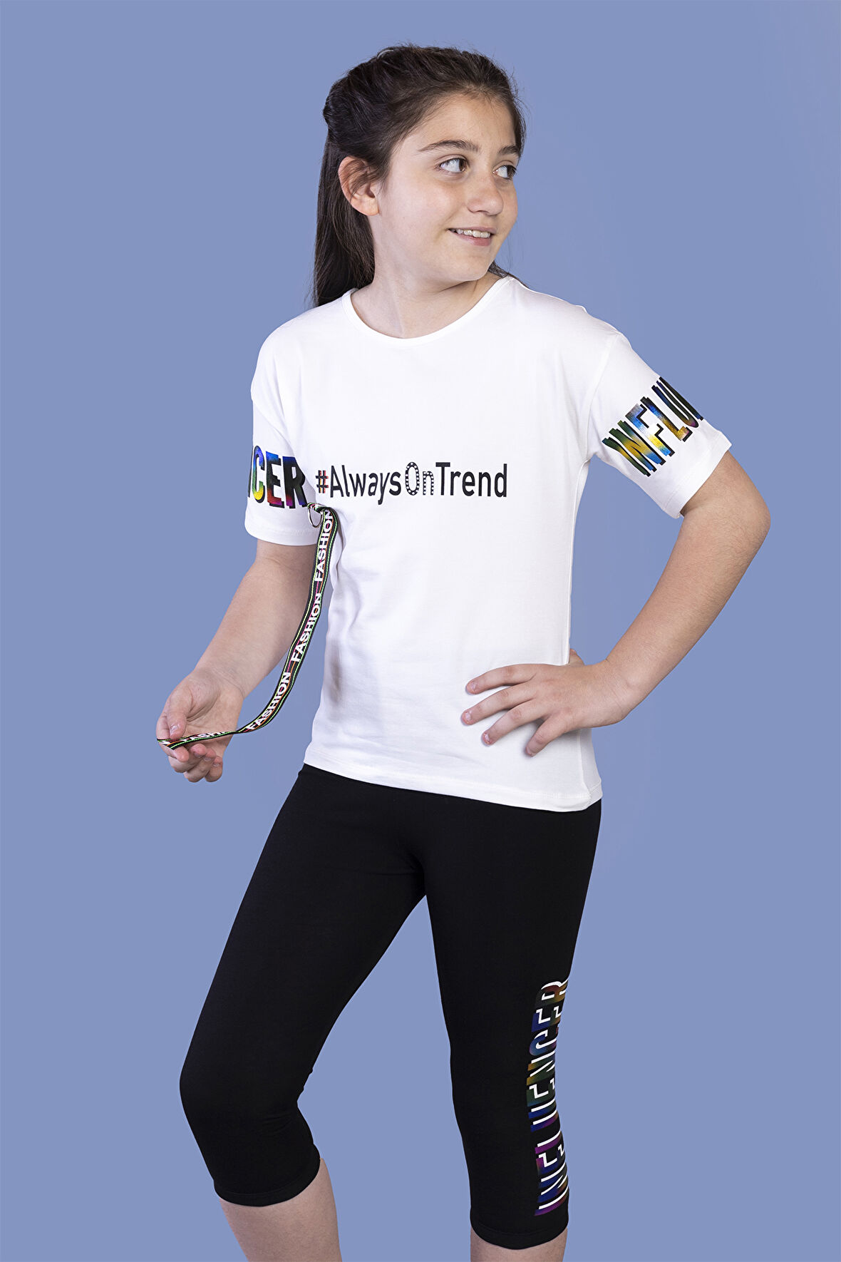 Toontoy Kız Çocuk Şerit Detaylı Renkli Baskılı Taytlı Takım