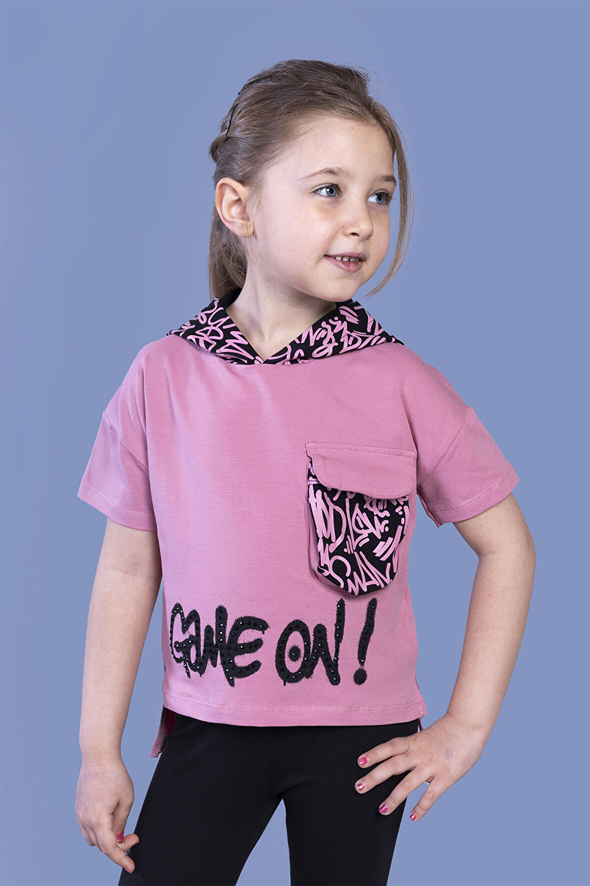 Toontoy Kız Çocuk Cep Detaylı Kapüşonlu Baskılı Tişört