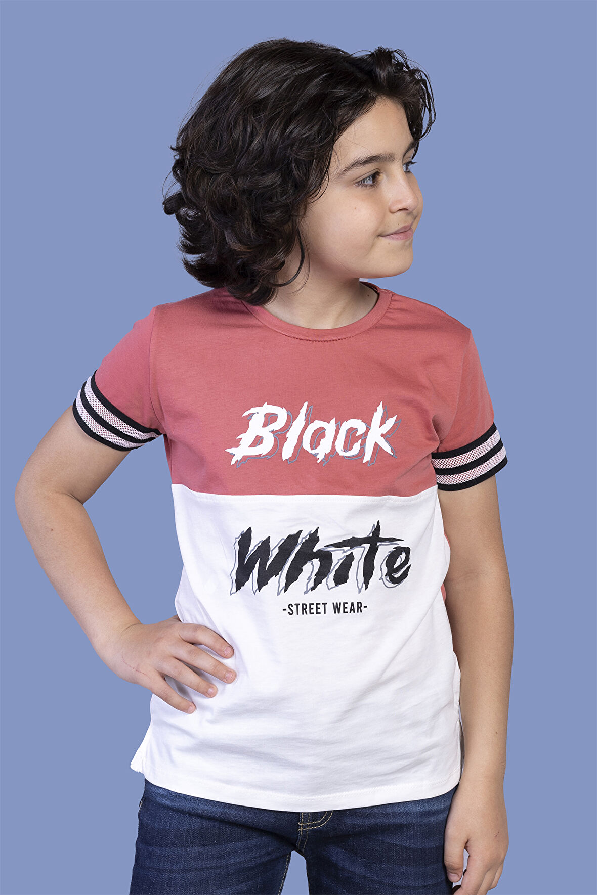 Toontoy Erkek Çocuk Kolları Şerit Detaylı İki Renkli Baskılı Tişört